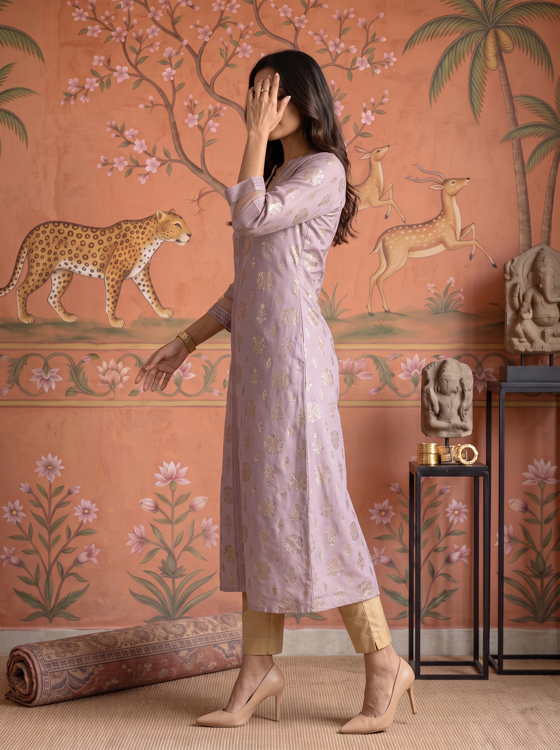 Buy Rayon Printed A-Line Calf Length Kurta-Lavender