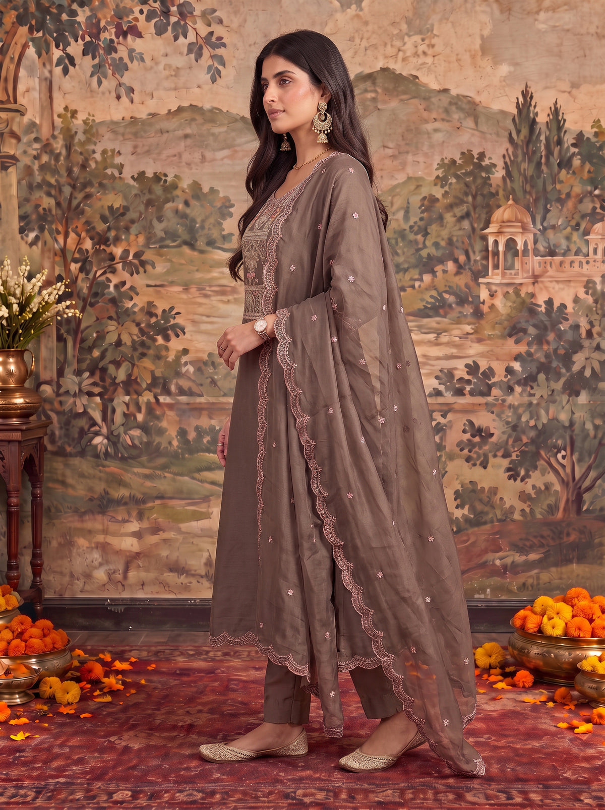 Chanderi Embroidered Flared Calf Length Kurta With Pant and Dupatta