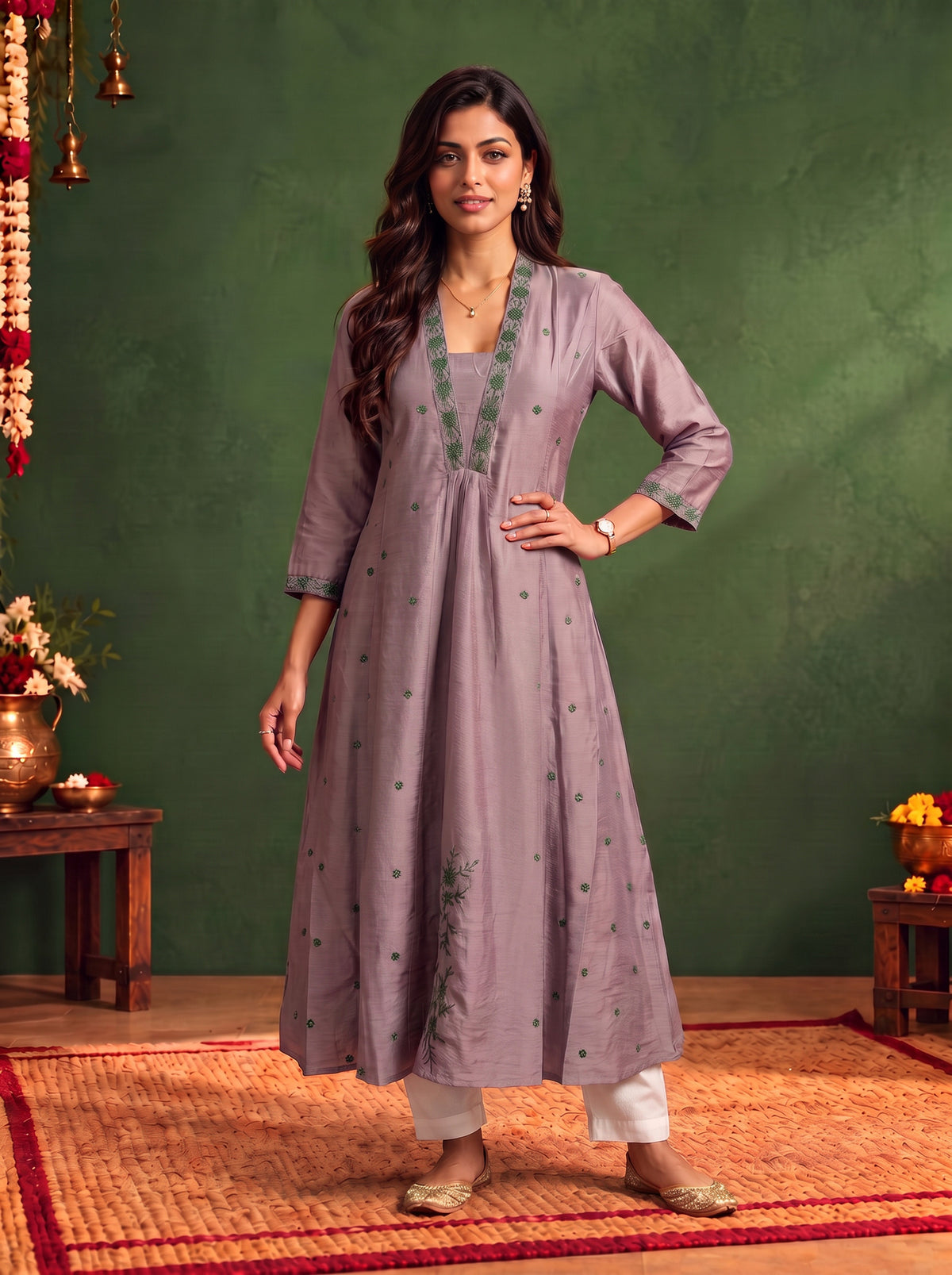 Viscose Embroidered Flared Calf Length Kurta