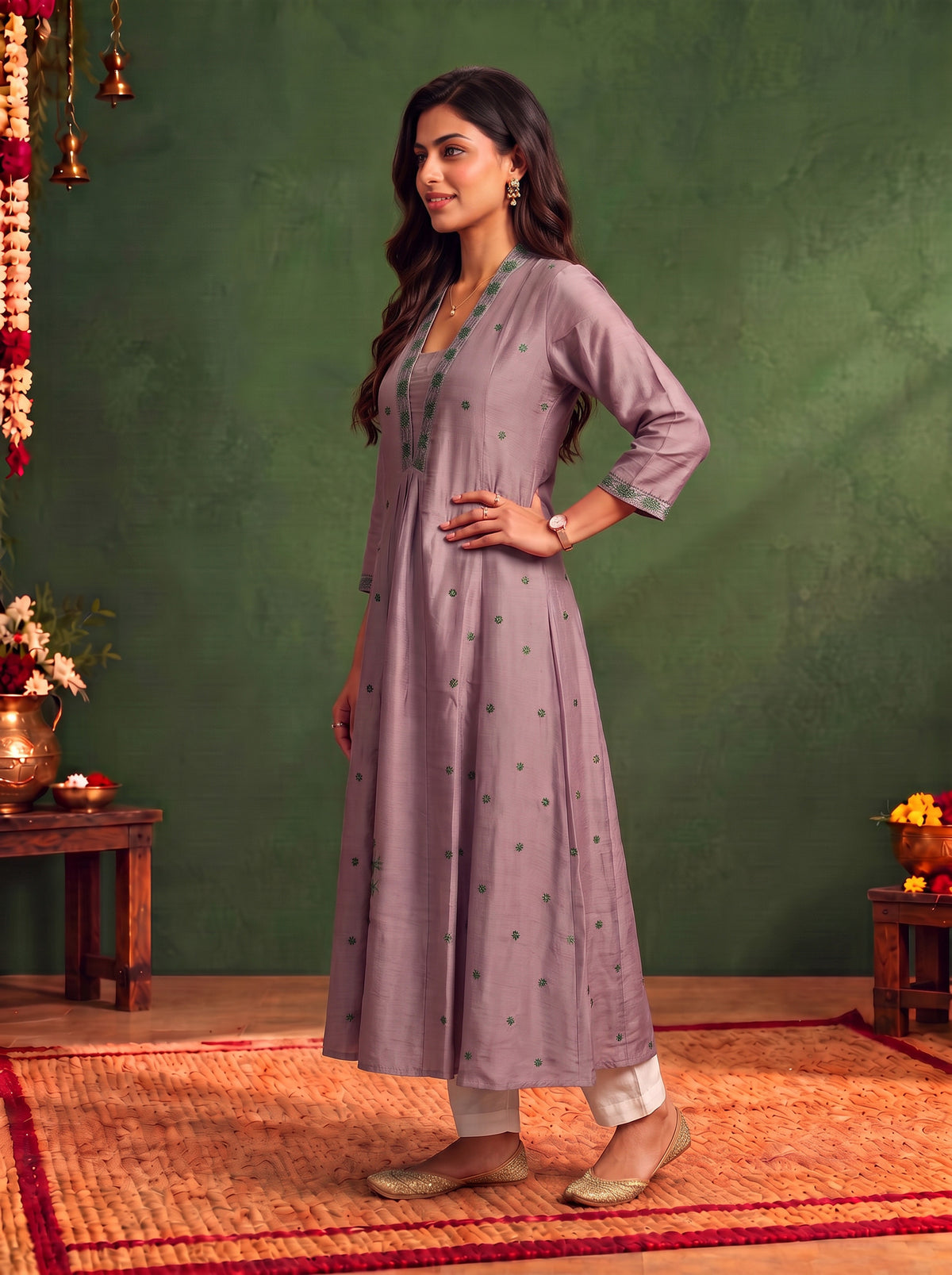 Viscose Embroidered Flared Calf Length Kurta