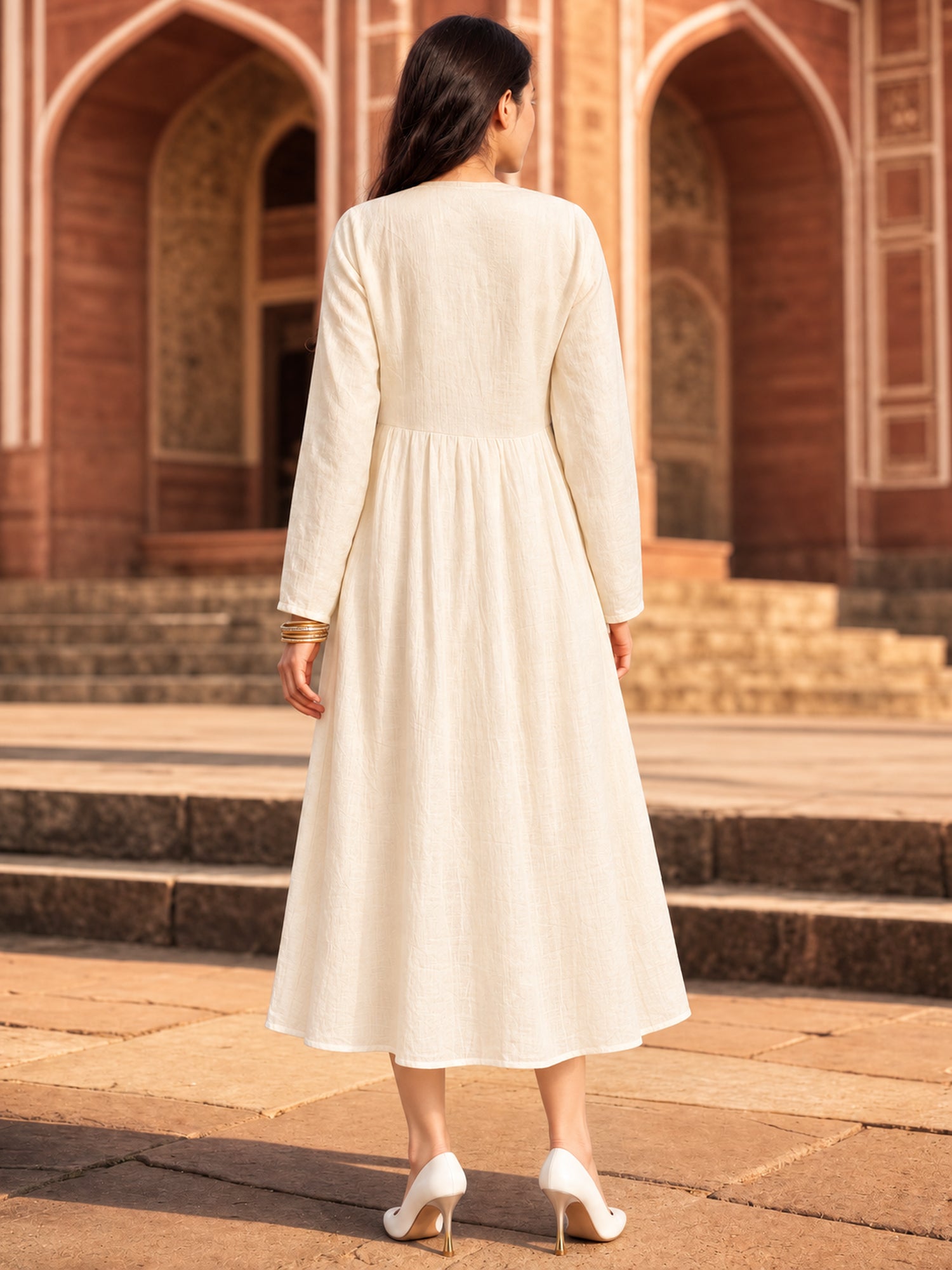 Viscose Embroidered Flared Calf Length Dress