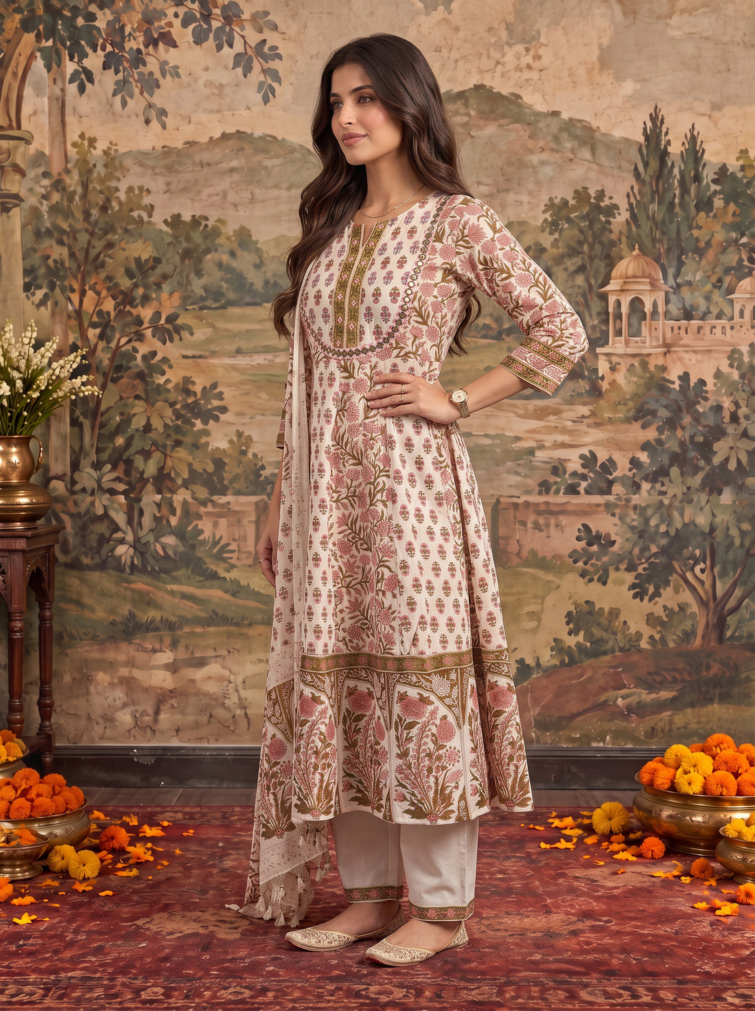 Buy Cotton Printed Flared Calf Length Kurta With Pant and Dupatta-Brown