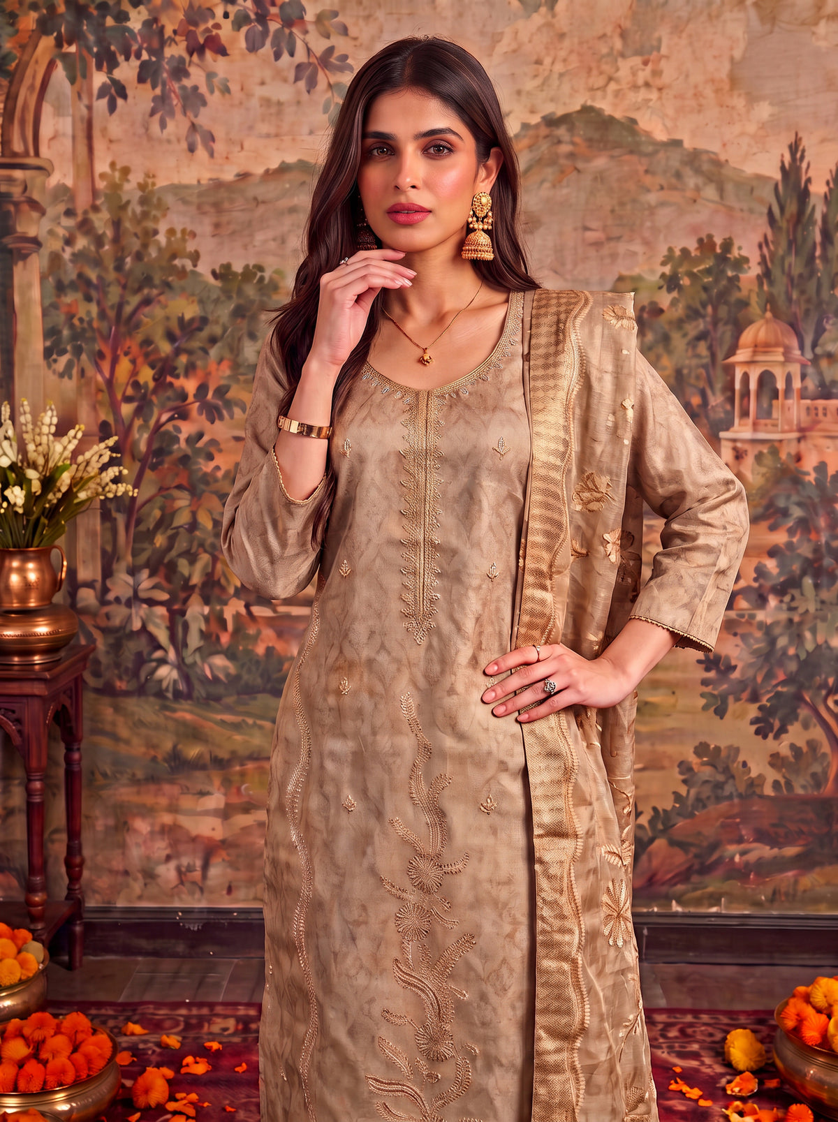 Viscose Embroidered Straight Calf Length Kurta With Pant and Dupatta