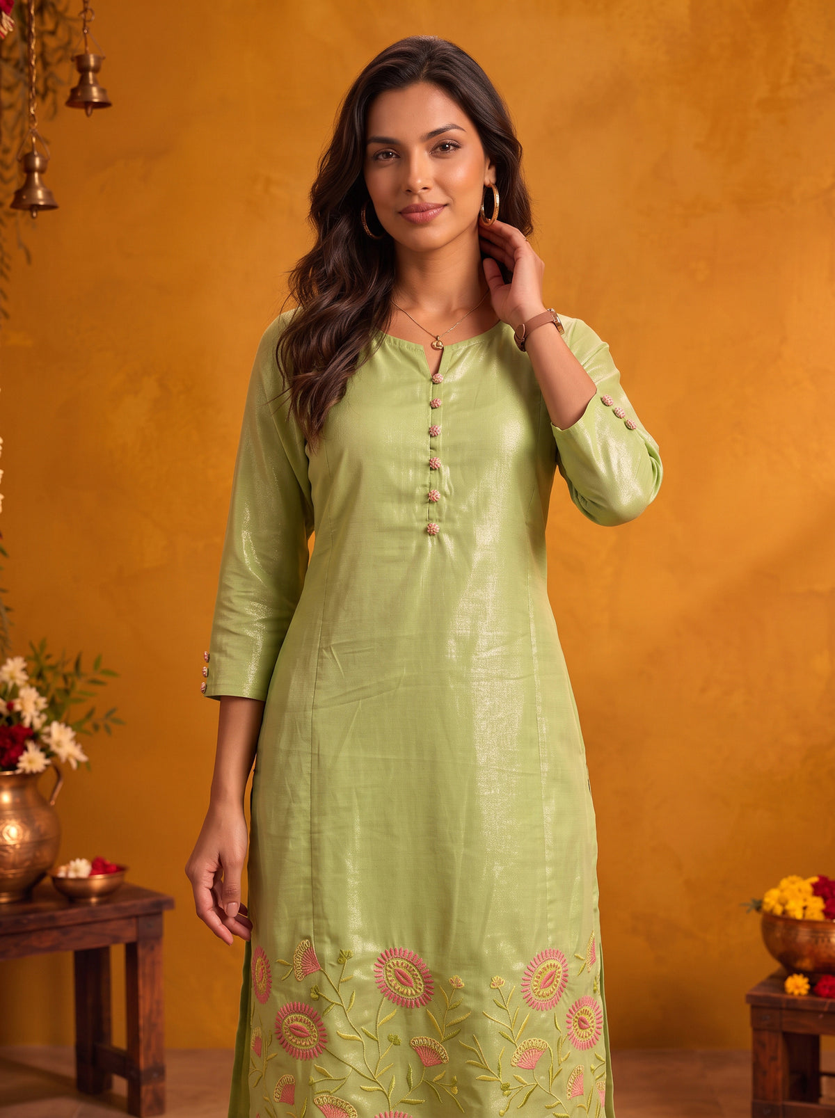 Cotton Embroidered Straight Calf Length Kurta