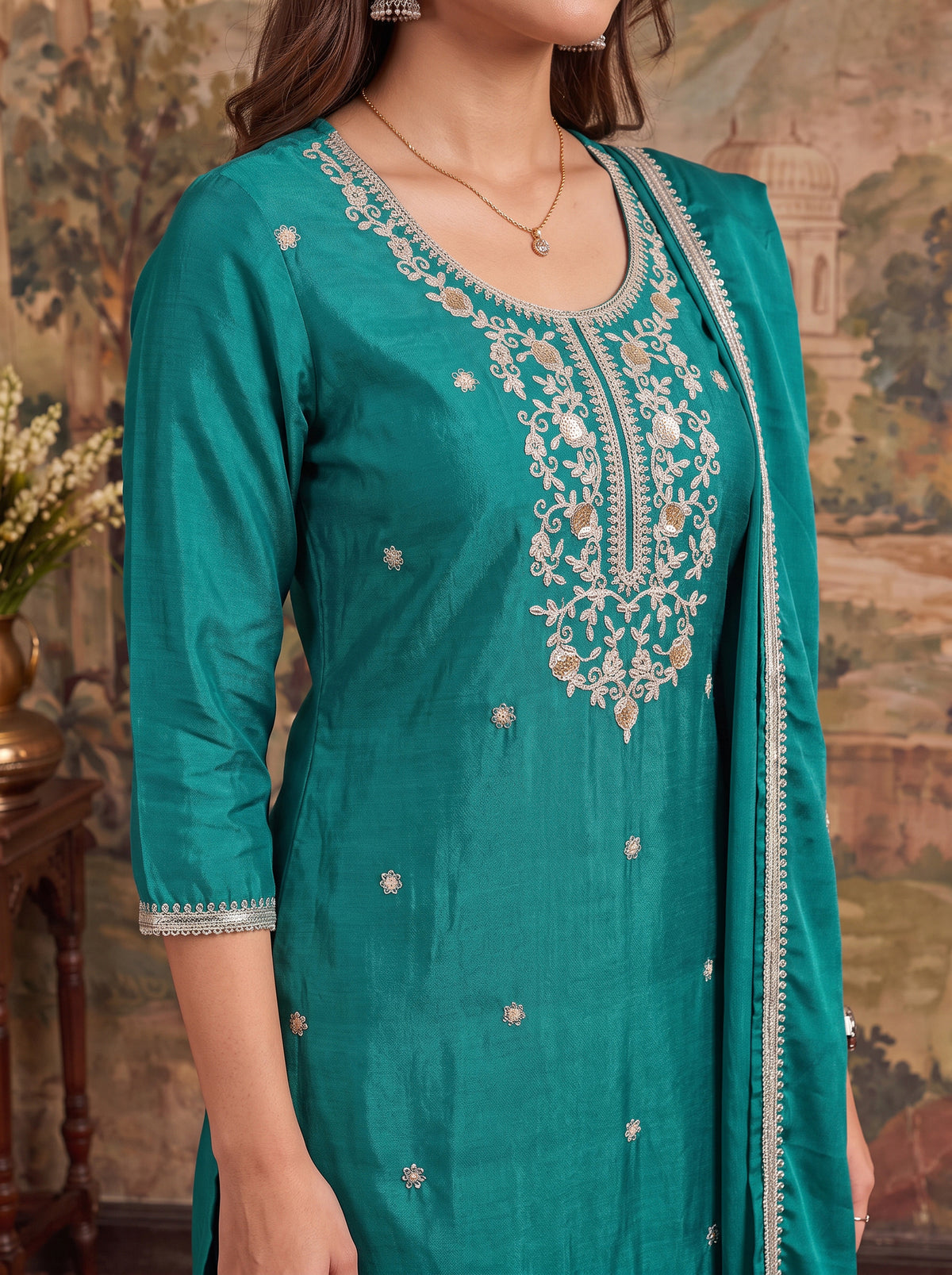 Viscose Embroidered Straight Knee Length Kurta With Pant and Dupatta
