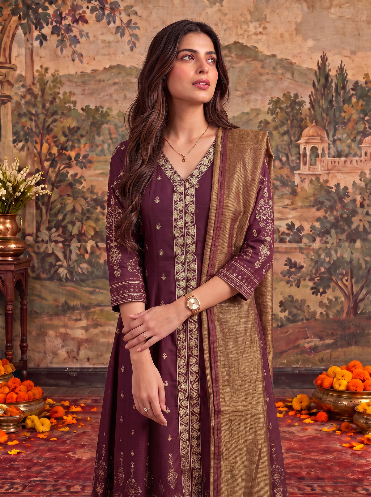 Viscose Embroidered Flared Calf Length Kurta With Pant and Dupatta