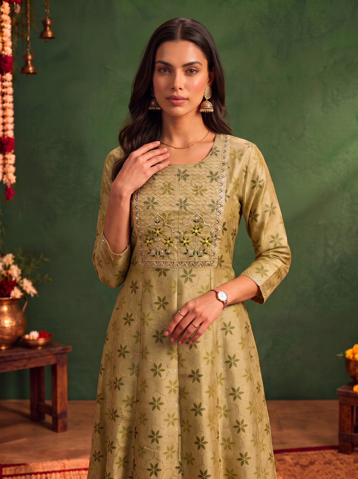 Chanderi Embroidered Flared Calf Length Kurta