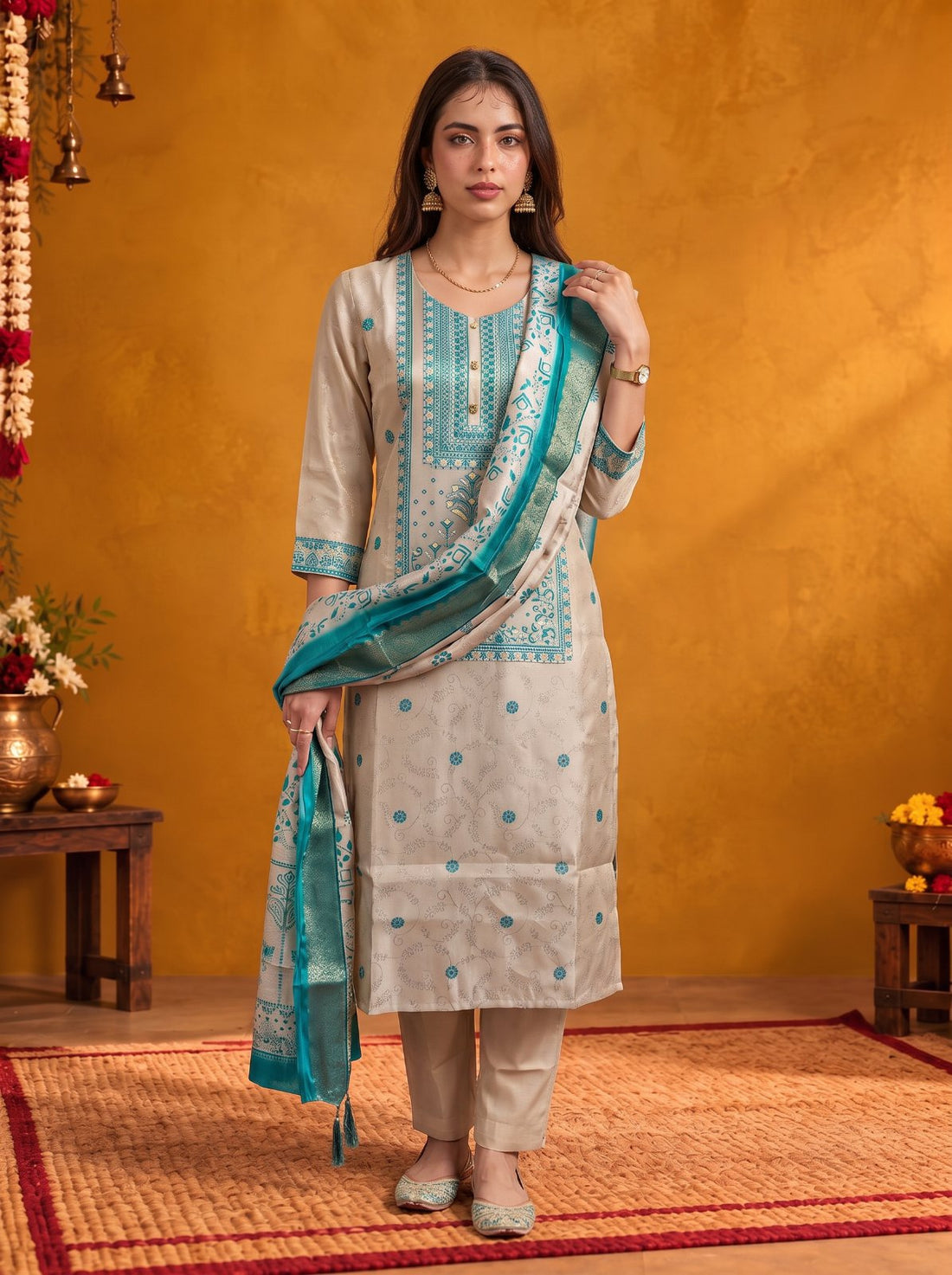 Buy Jacquard Self Design Straight Calf Length Kurta With Pant and Dupatta-Cream