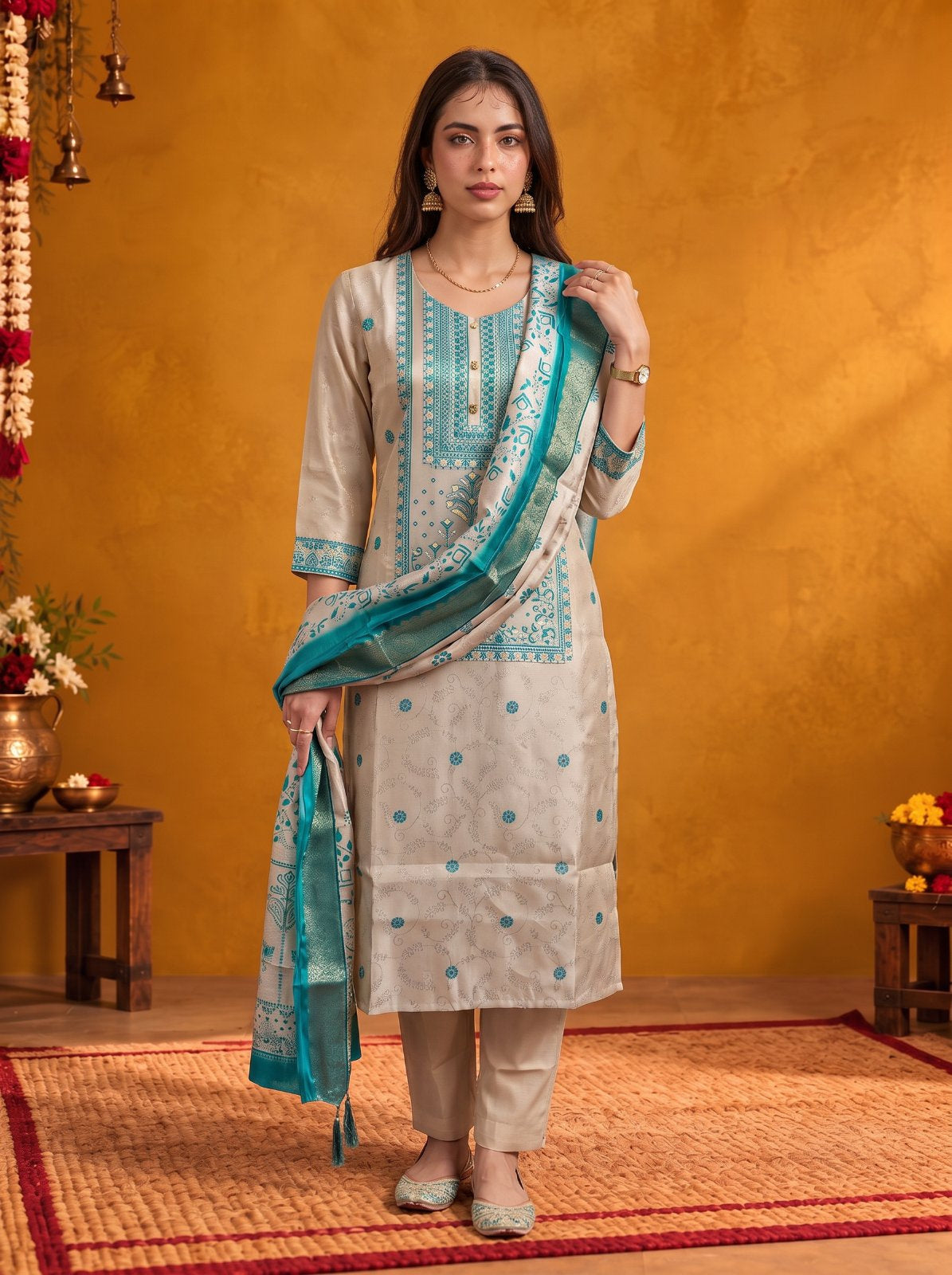 Jacquard Self Design Straight Calf Length Kurta With Pant and Dupatta