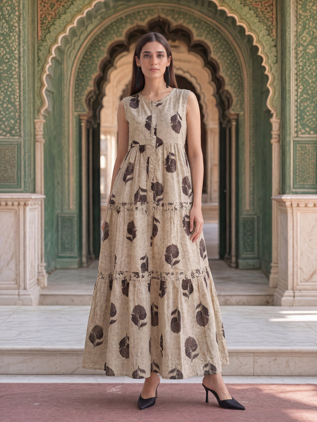 Buy Cotton Printed Flared Calf Length Dress-Beige