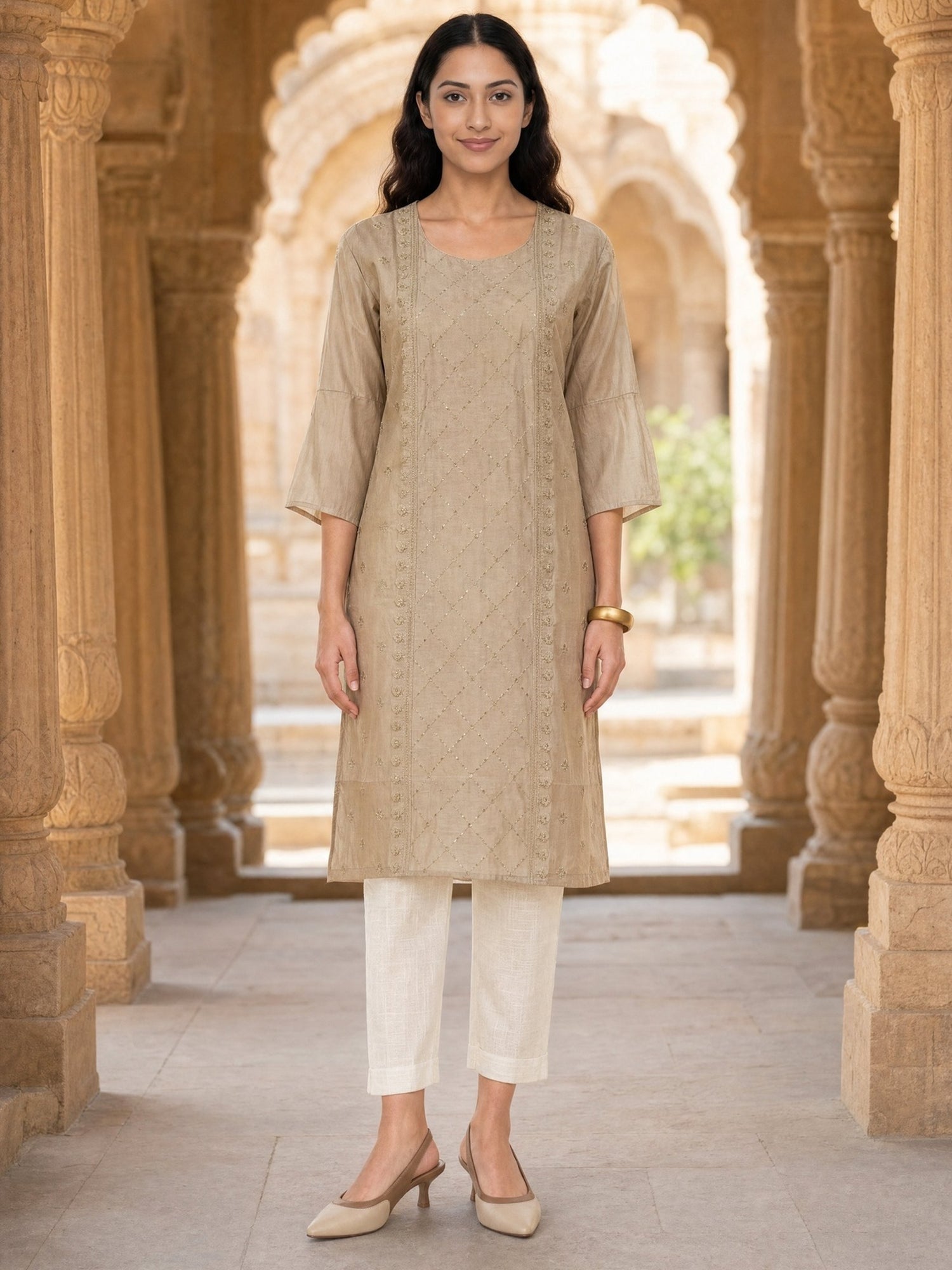 Chanderi Embroidered Straight Calf Length Kurta