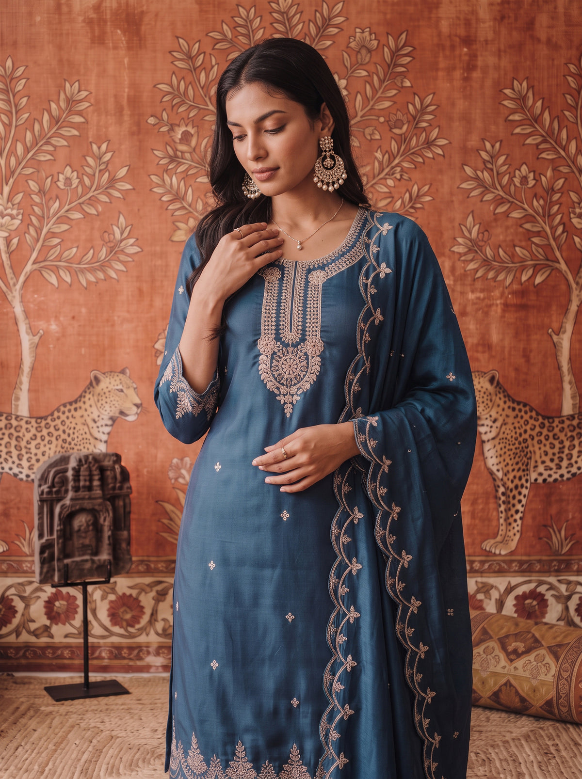 Viscose Embroidered Straight Knee Length Kurta With Pant and Dupatta