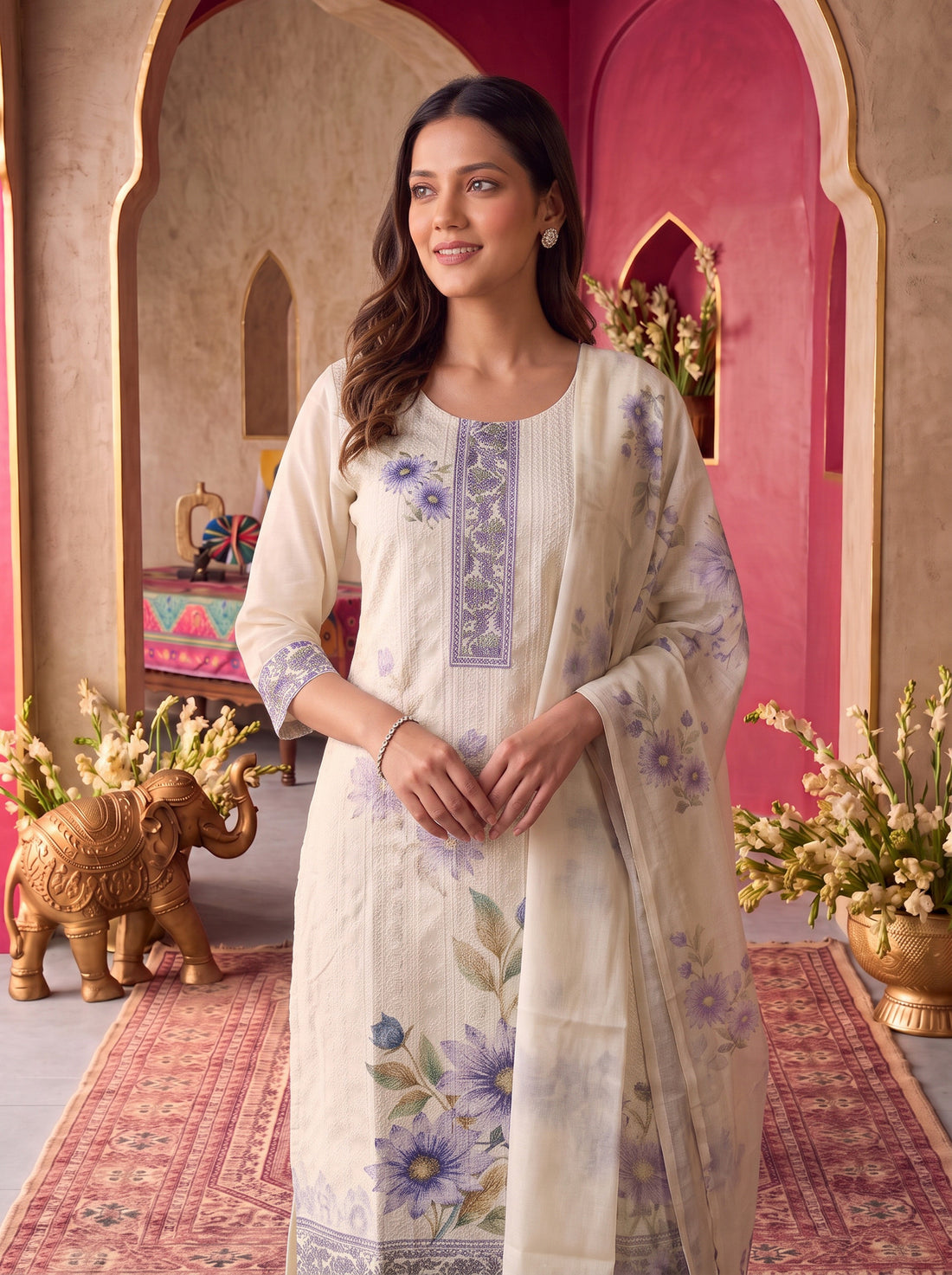 Buy Viscose Embroidered Straight Calf Length Kurta With Pant and Dupatta-Off White