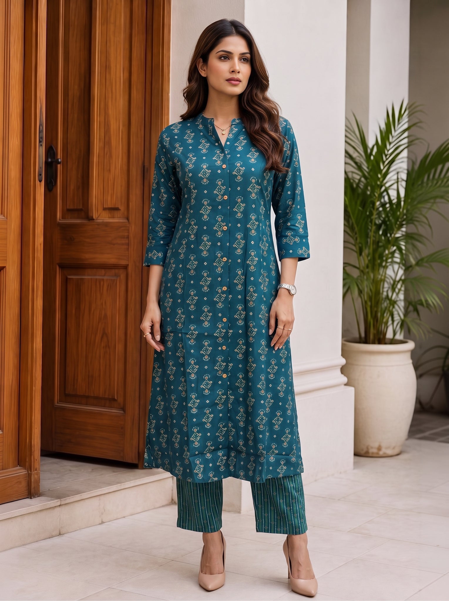 Viscose Printed A-Line Calf Length Kurta With Pant
