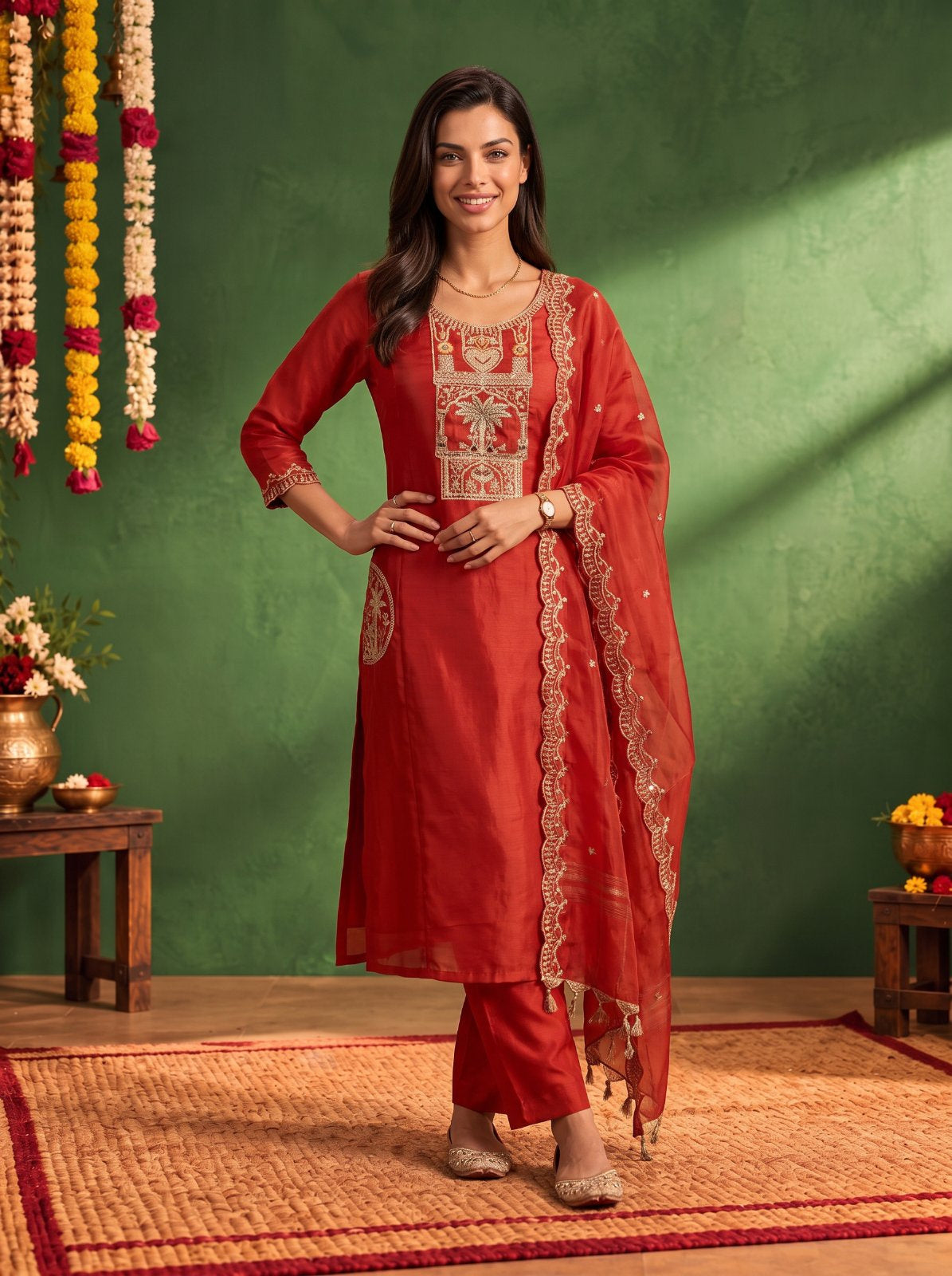 Chanderi Embroidered Flared Calf Length Kurta With Pant and Dupatta