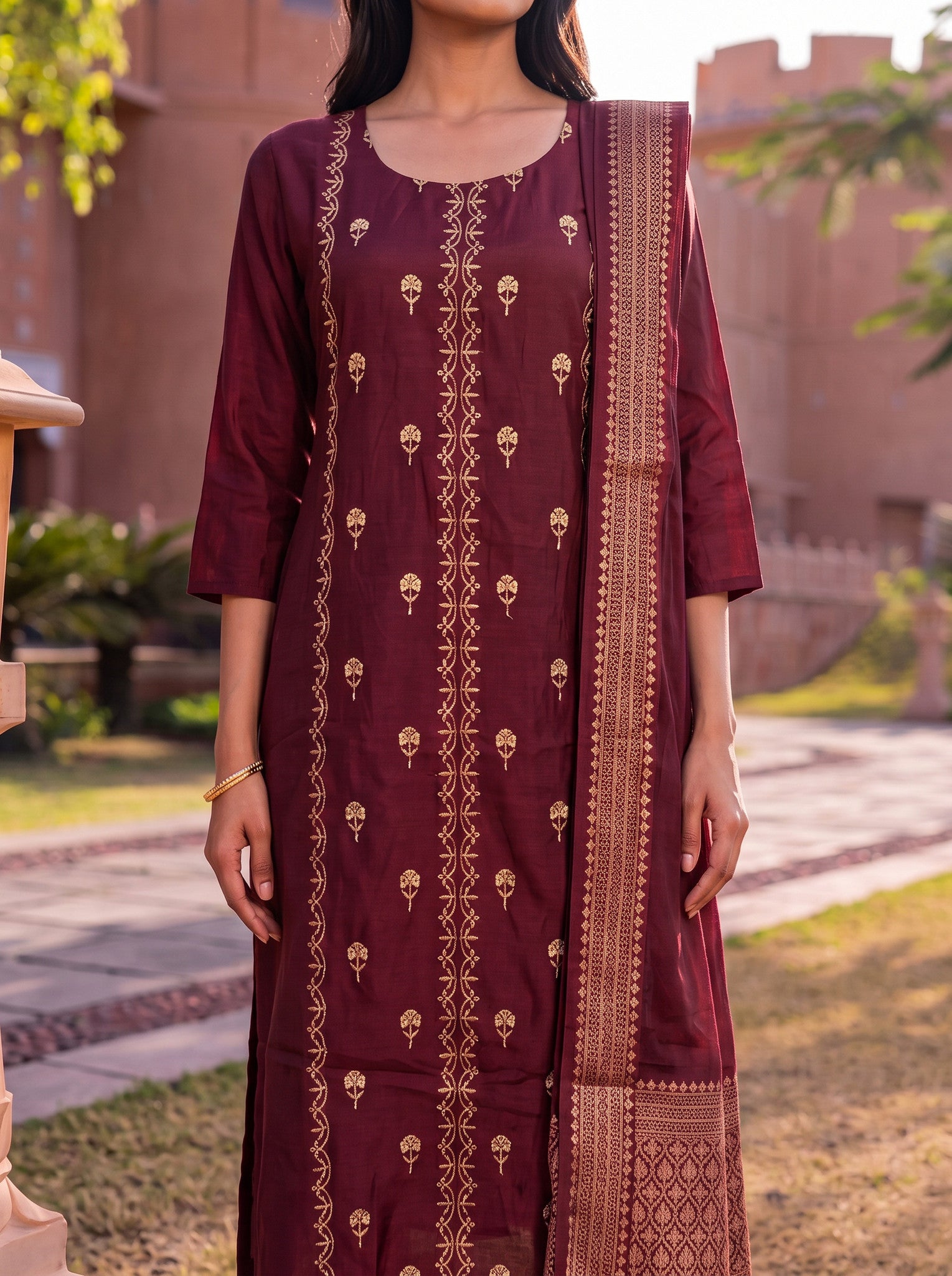 Viscose Embroidered Flared Calf Length Kurta With Pant and Dupatta