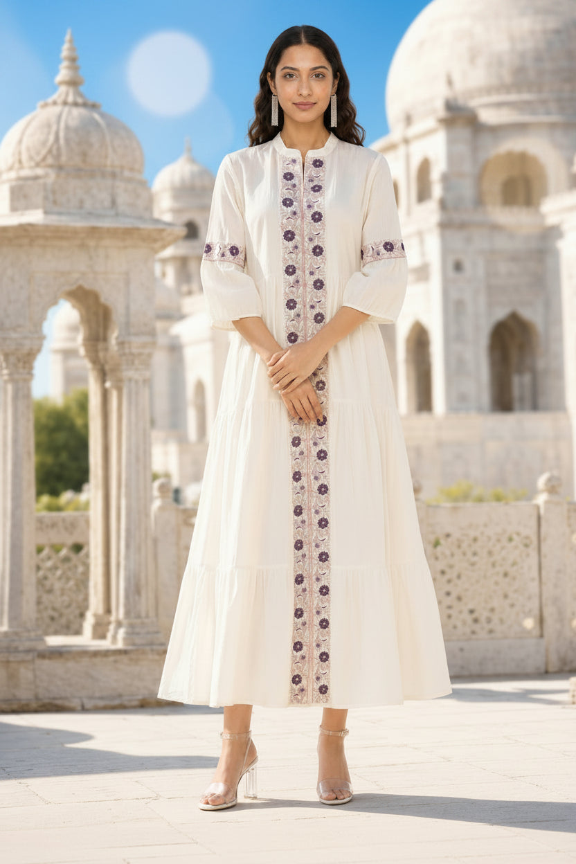 Viscose Embroidered Flared Calf Length Dress