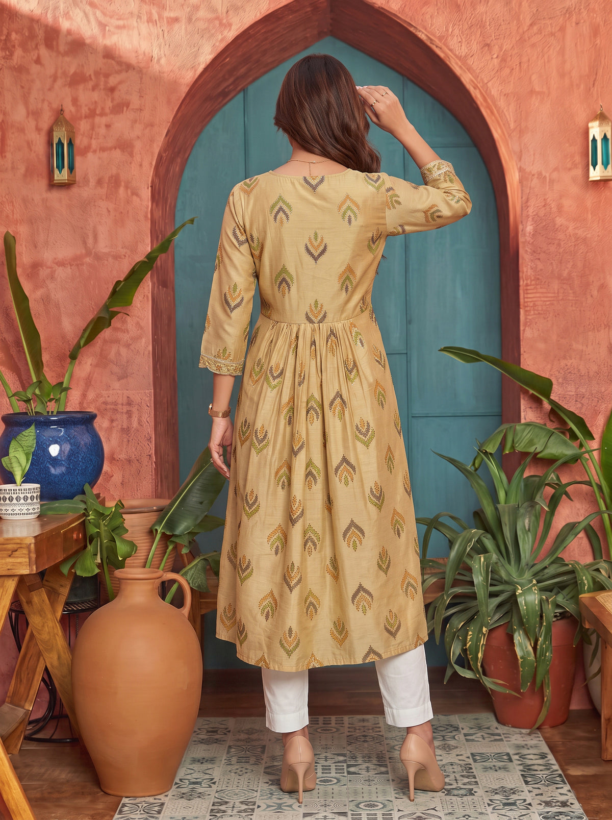 Chanderi Embroidered Flared Calf Length Kurta
