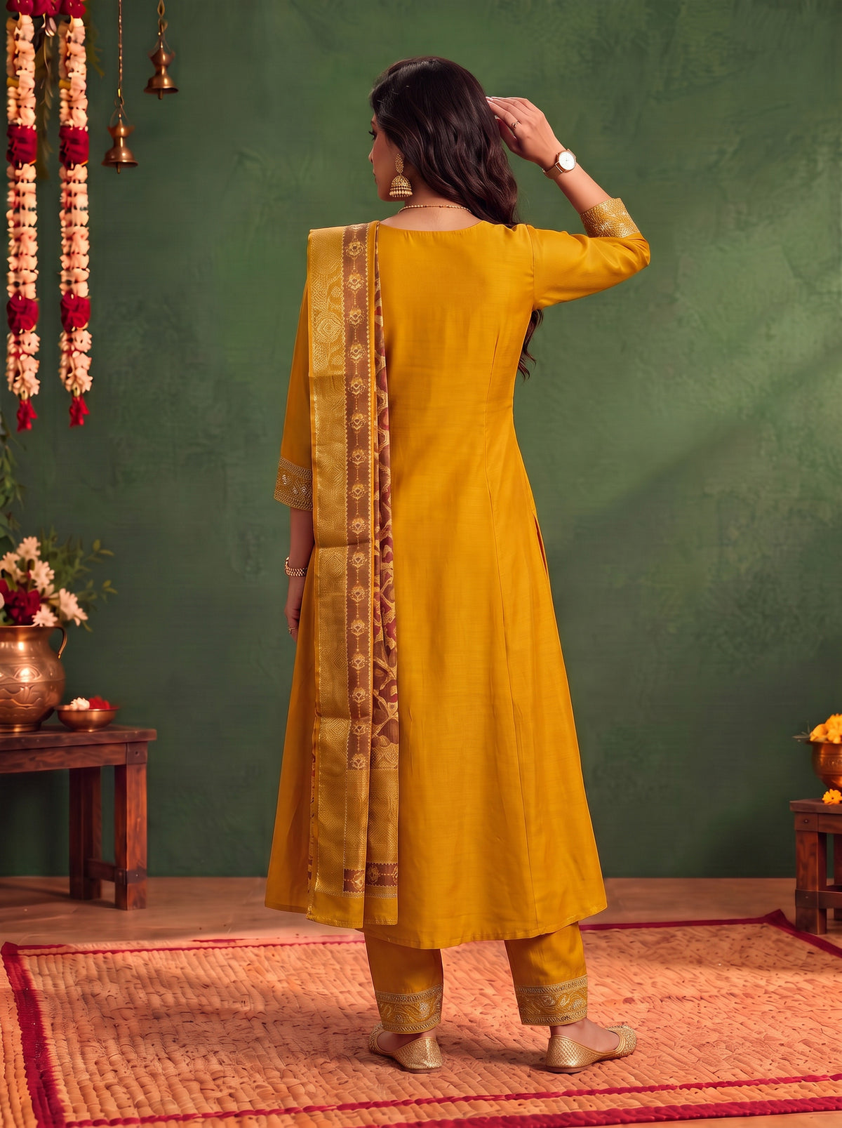 Viscose Embroidered Flared Calf Length Kurta With Pant and Dupatta