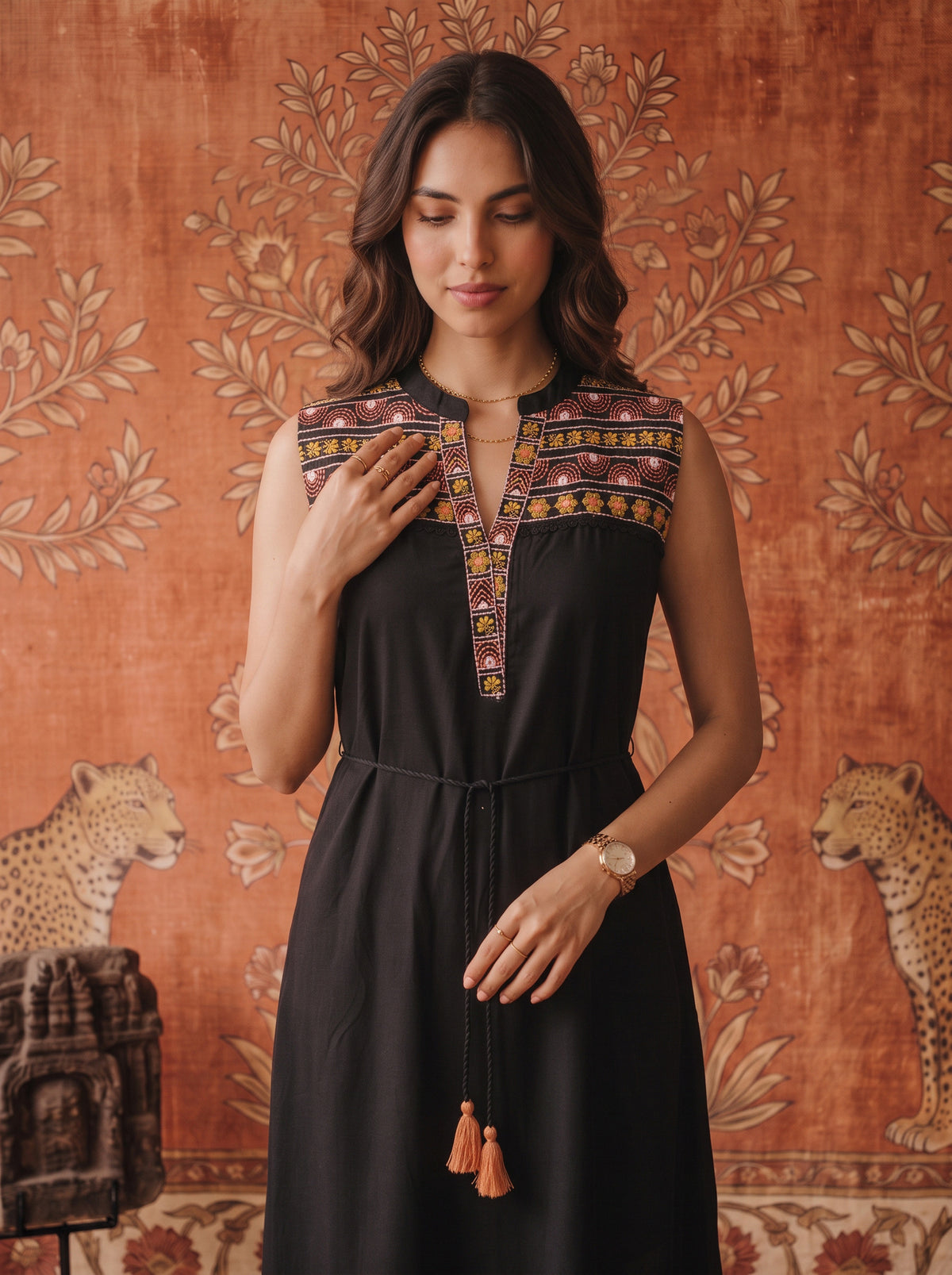 Rayon Embroidered Flared Calf Length Dress