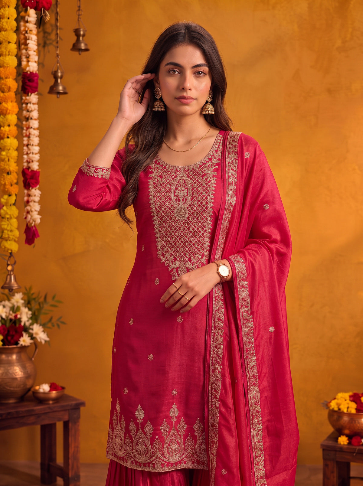 Viscose Embroidered Straight Knee Length Kurta With Pant and Dupatta