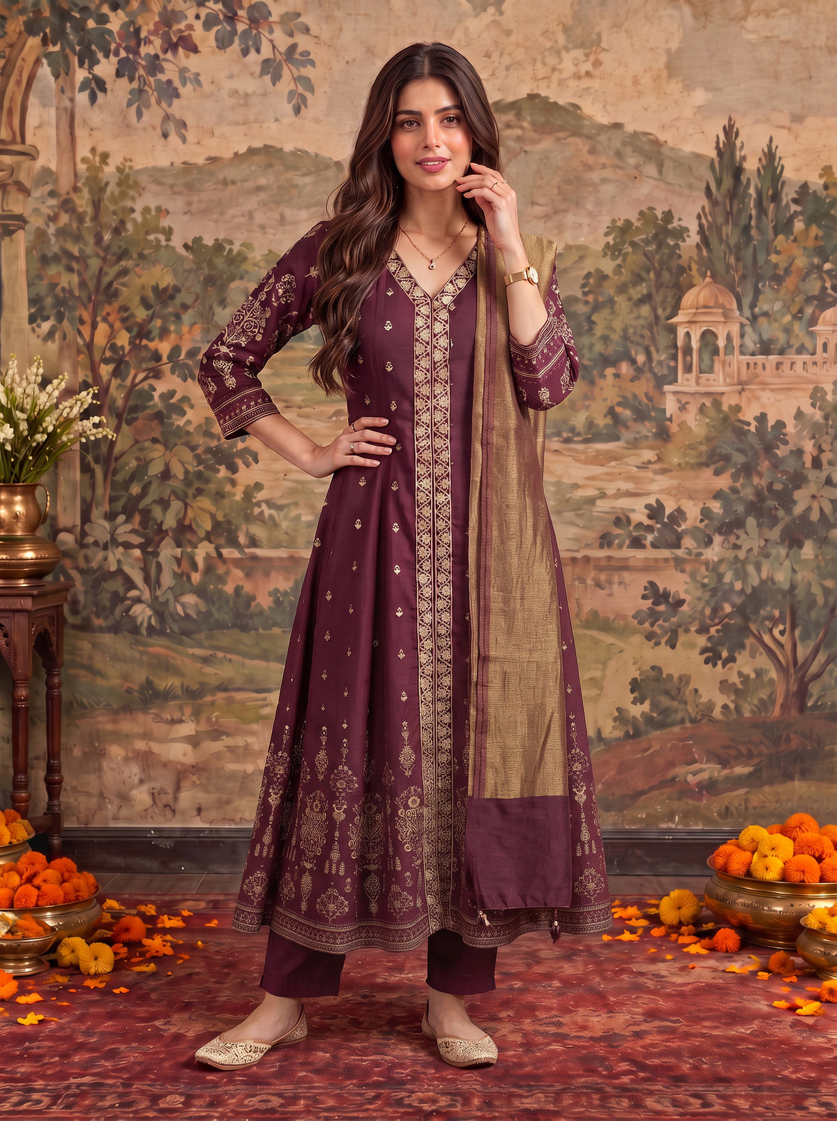 Viscose Embroidered Flared Calf Length Kurta With Pant and Dupatta
