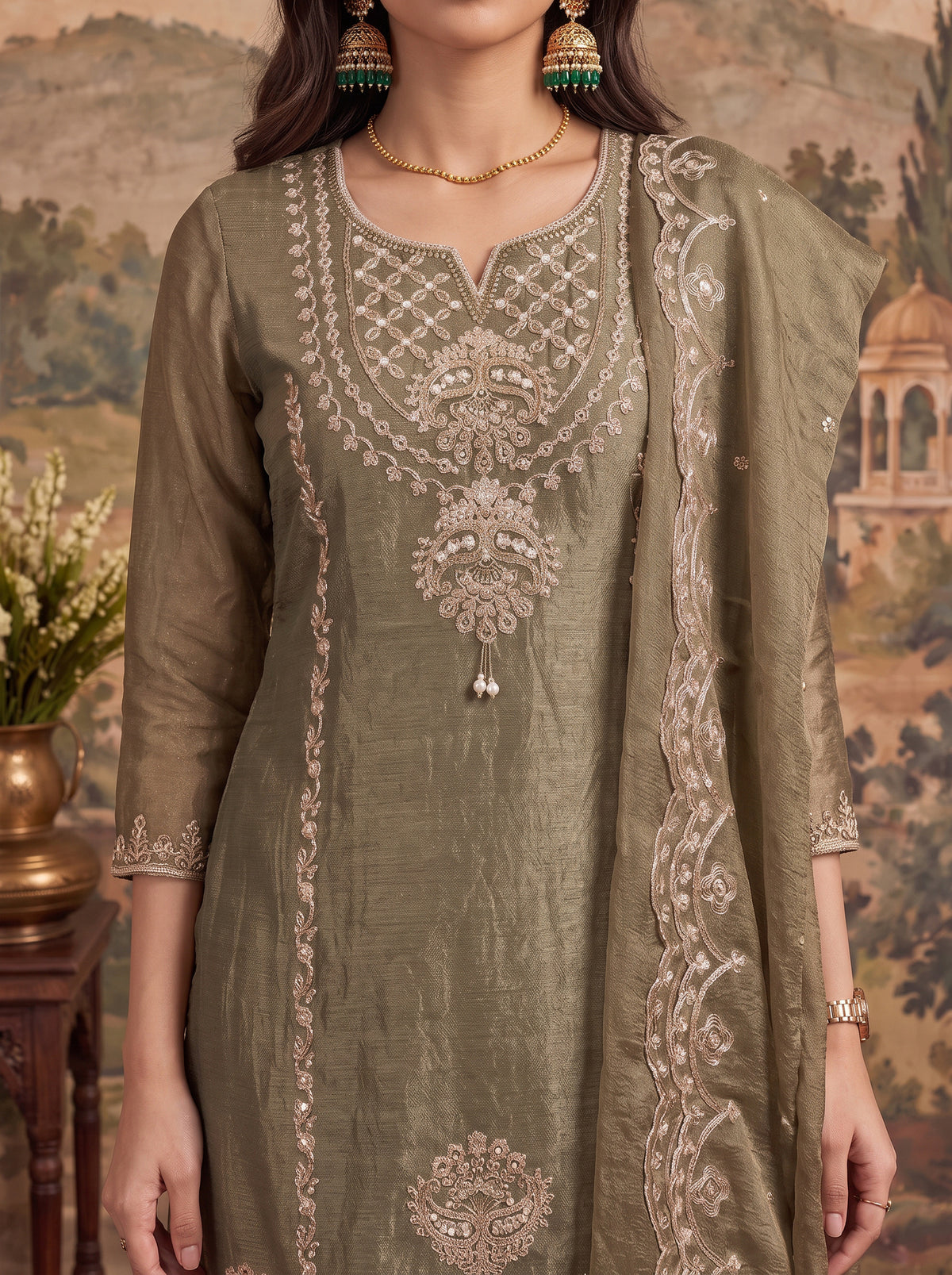 Viscose Embroidered Straight Knee Length Kurta With Pant and Dupatta