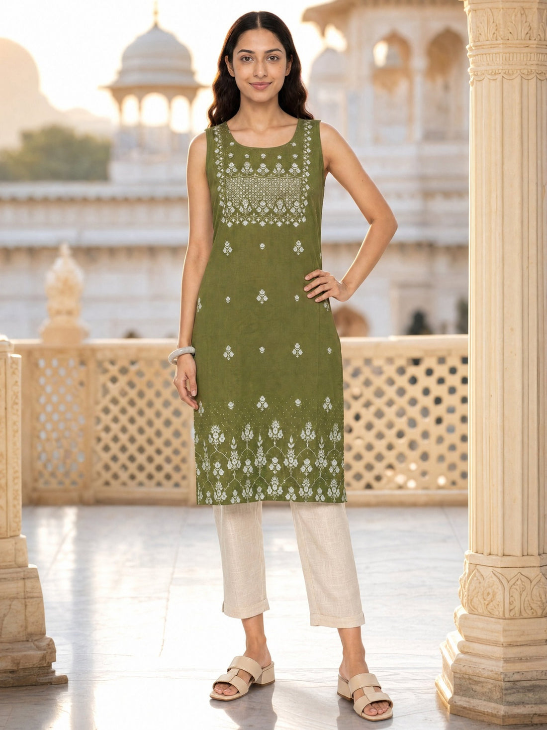 Buy Rayon Printed Straight Knee Length Kurta-Green