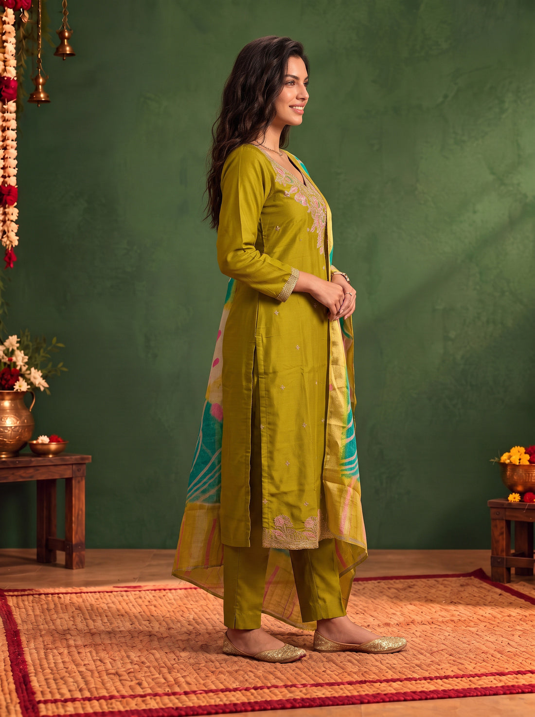 Buy Viscose Embroidered Straight Calf Length Kurta With Pant and Dupatta-Olive Green