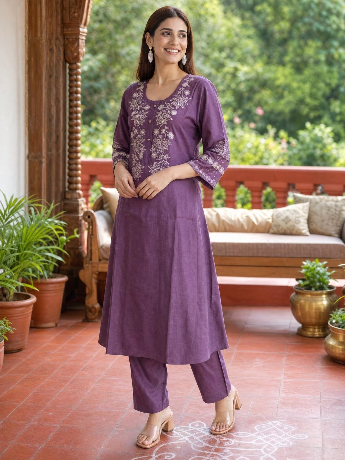 Buy Viscose Embroidered Anarkali Calf Length Kurta With Pant-Mauve