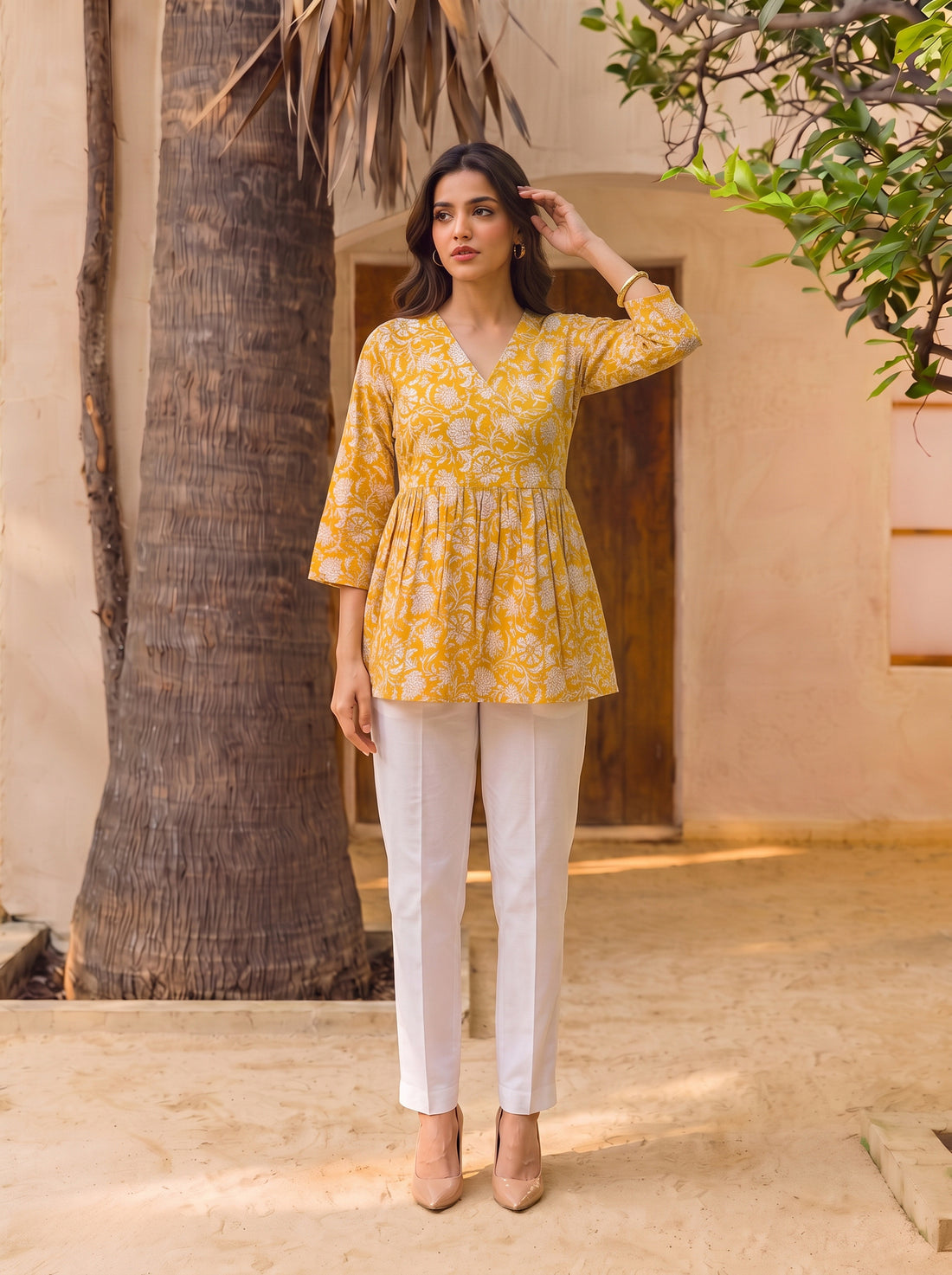 Buy Cotton Printed Peplum Short Length Short Kurta-Yellow