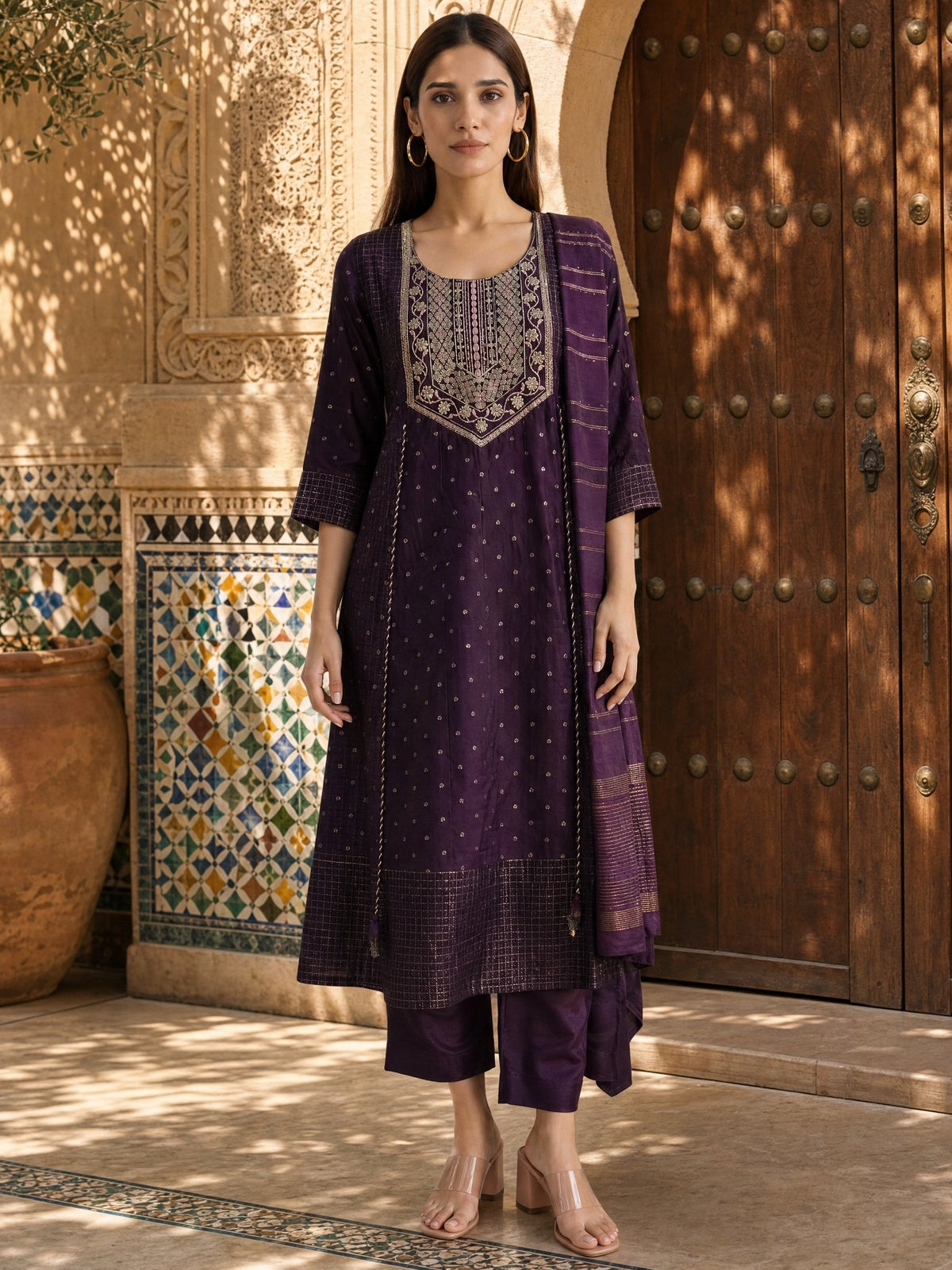 Viscose Embroidered Anarkali Calf Length Kurta With Pant and Dupatta