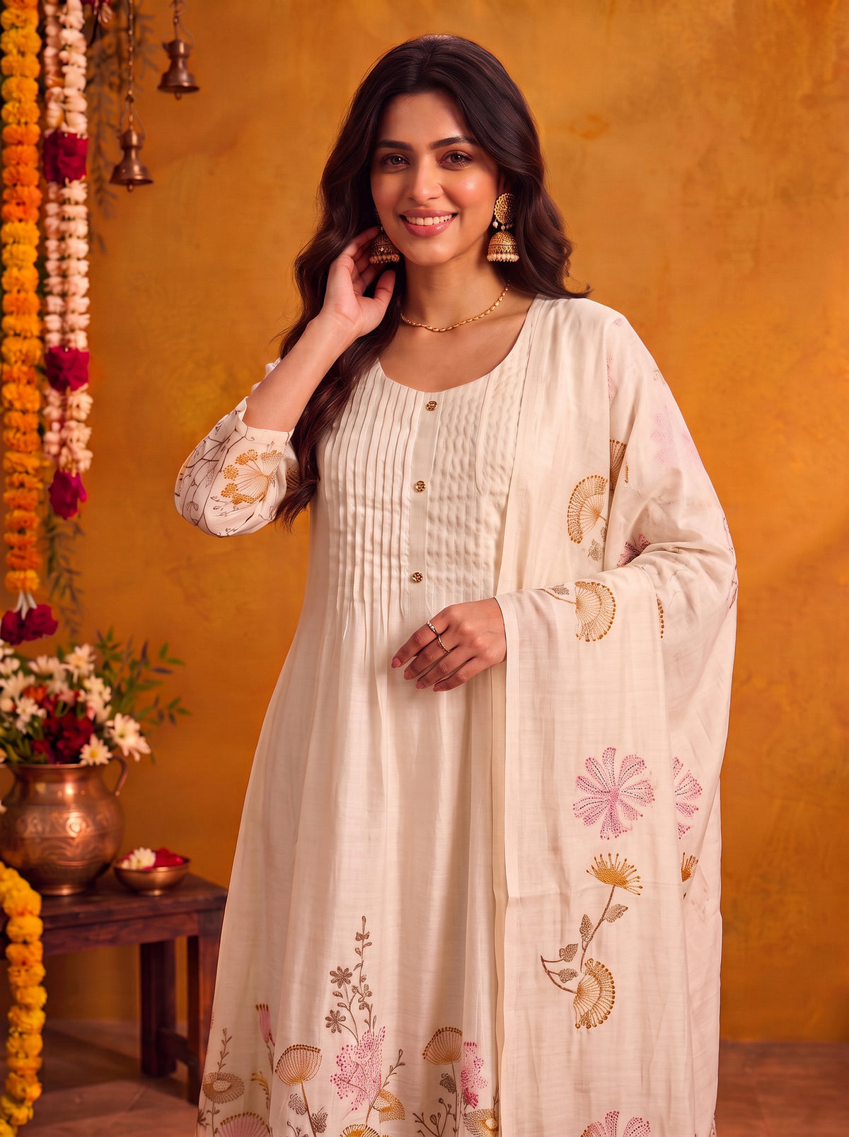 Viscose Embroidered Flared Calf Length Kurta With Pant and Dupatta