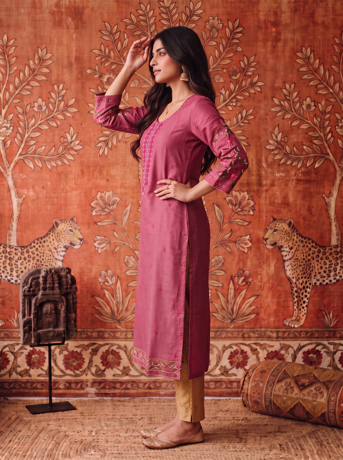 Buy Viscose Embroidered Straight Calf Length Kurta-Pink