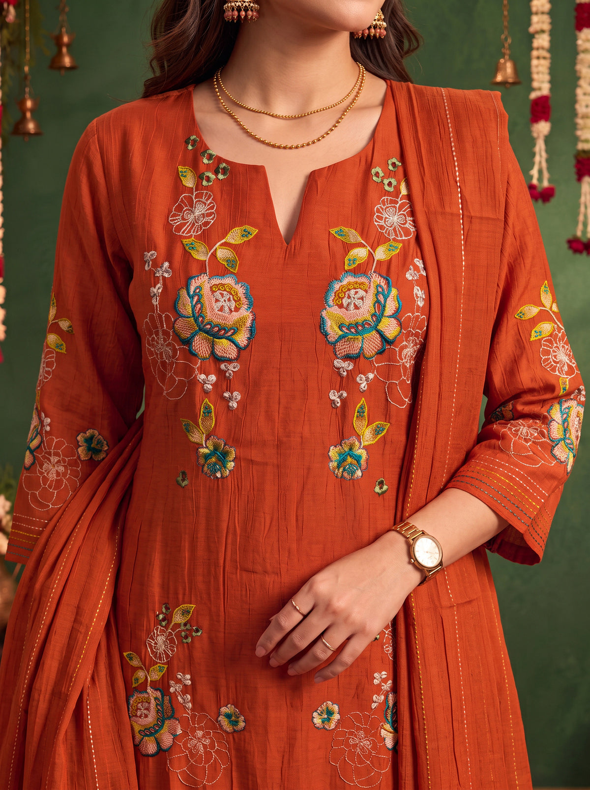Viscose Embroidered A-Line Calf Length Kurta With Pant and Dupatta