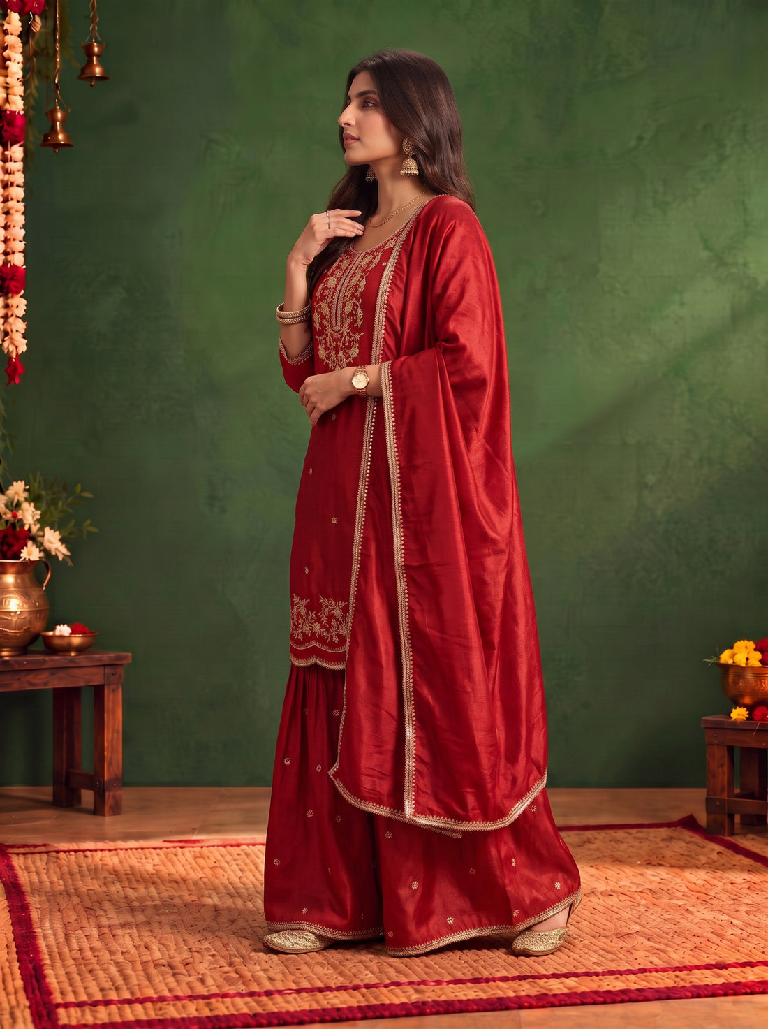 Buy Viscose Embroidered Straight Knee Length Kurta With Pant and Dupatta-Rust