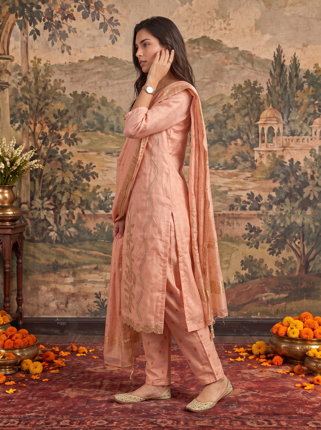 Buy Viscose Embroidered Straight Calf Length Kurta With Pant and Dupatta-Orange