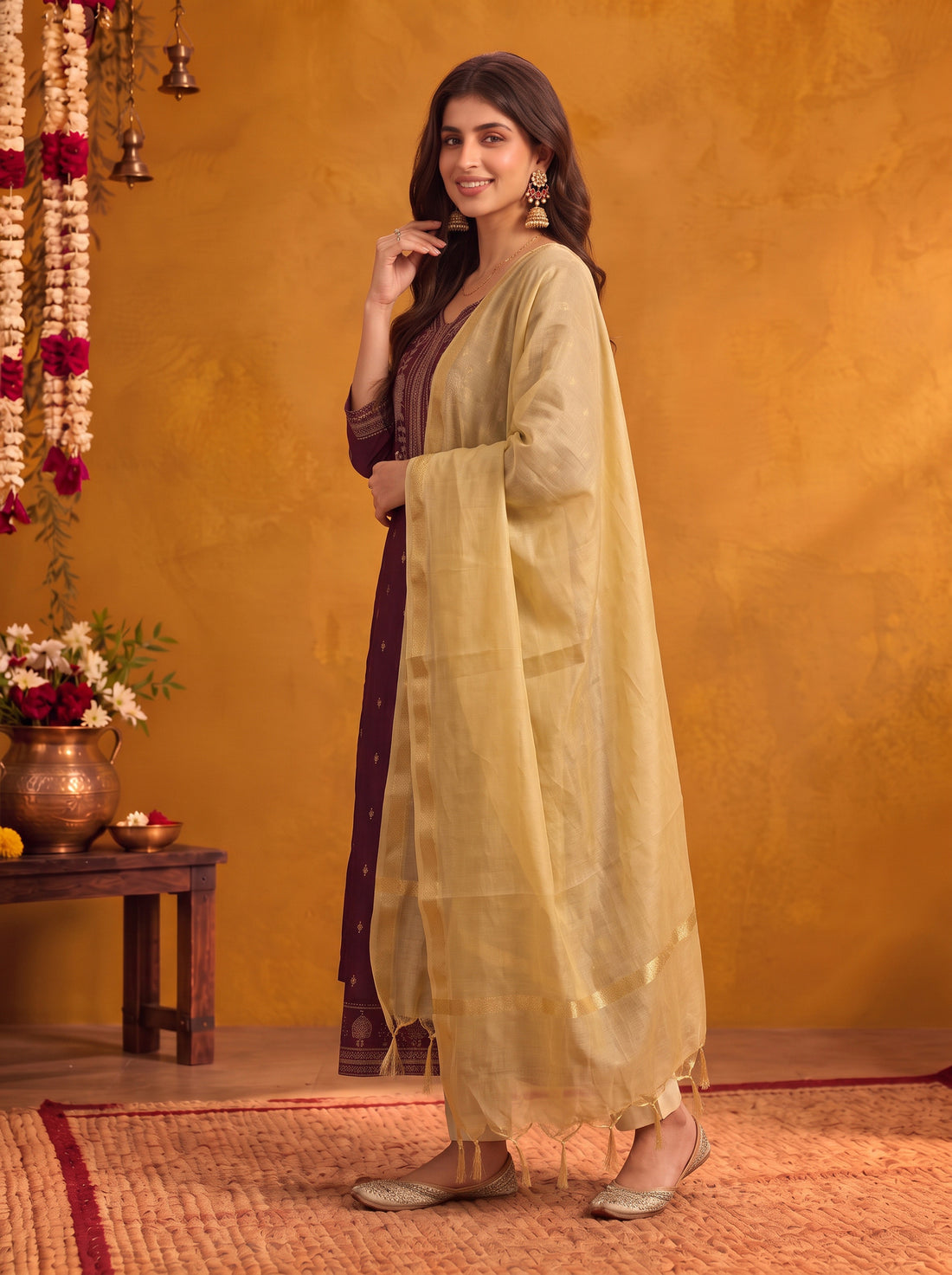 Buy Viscose Embroidered Flared Calf Length Kurta With Pant and Dupatta-Wine