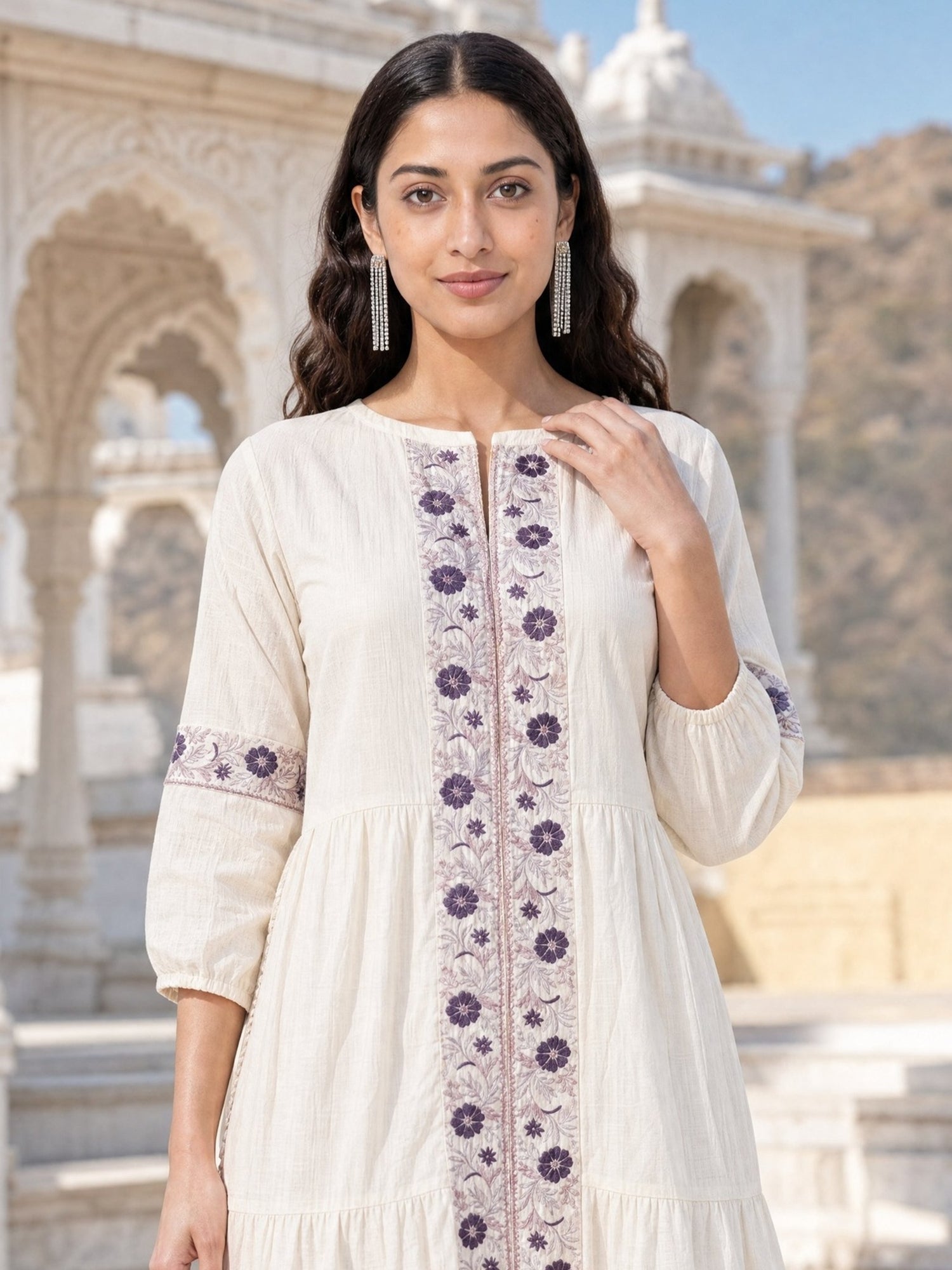 Viscose Embroidered Flared Calf Length Dress