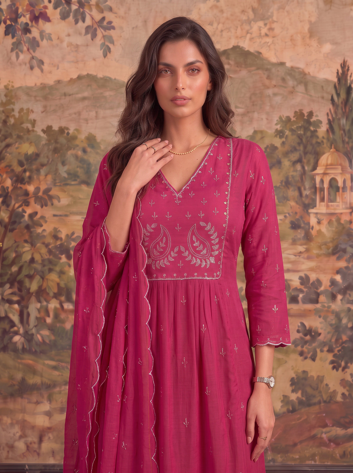 Cotton Embroidered Flared Calf Length Kurta With Pant and Dupatta