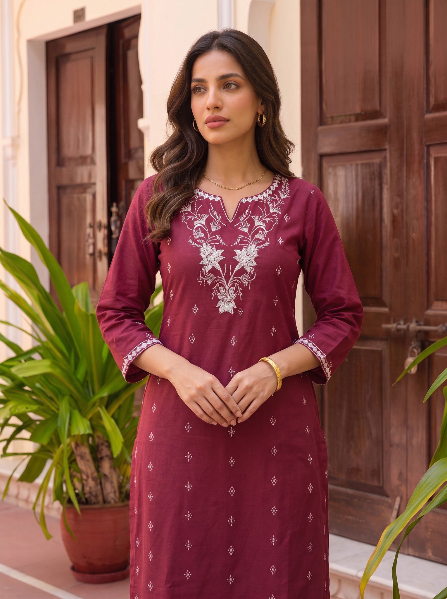 Rayon Embroidered Straight Calf Length Kurta