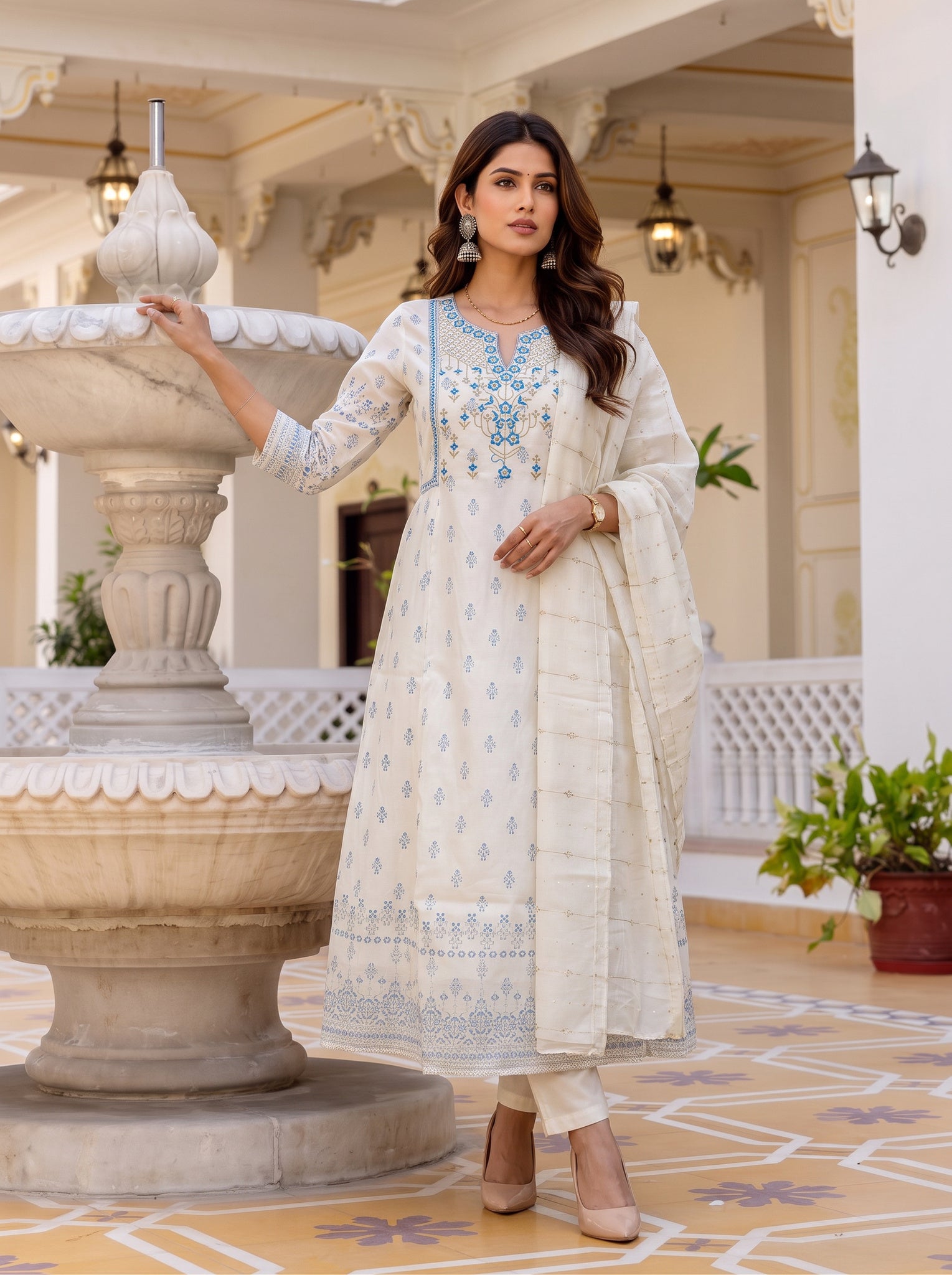 Viscose Embroidered Flared Calf Length Kurta With Pant