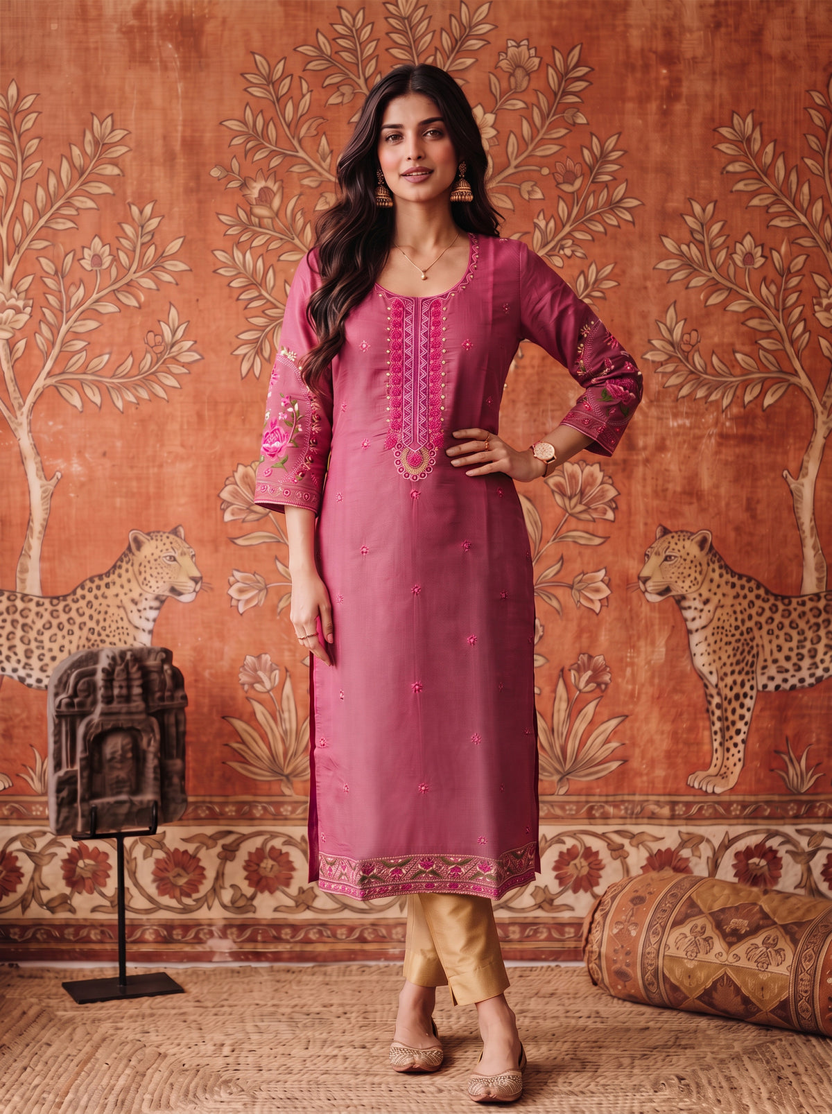 Viscose Embroidered Straight Calf Length Kurta