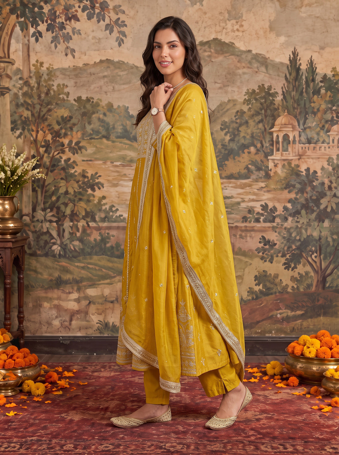 Buy Viscose Embroidered Flared Calf Length Kurta With Pant and Dupatta-Mustard