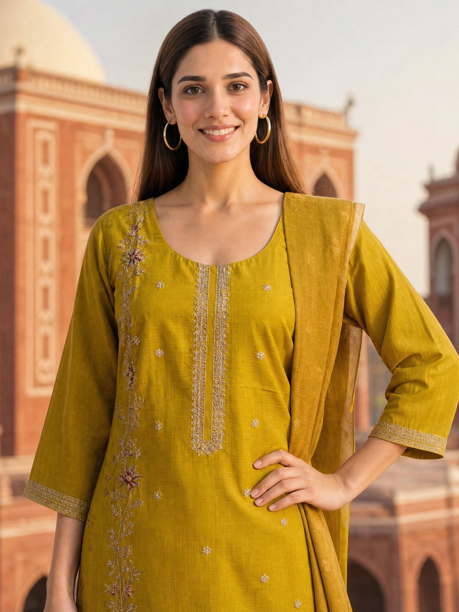 Viscose Embroidered Straight Calf Length Kurta With Pant and Dupatta