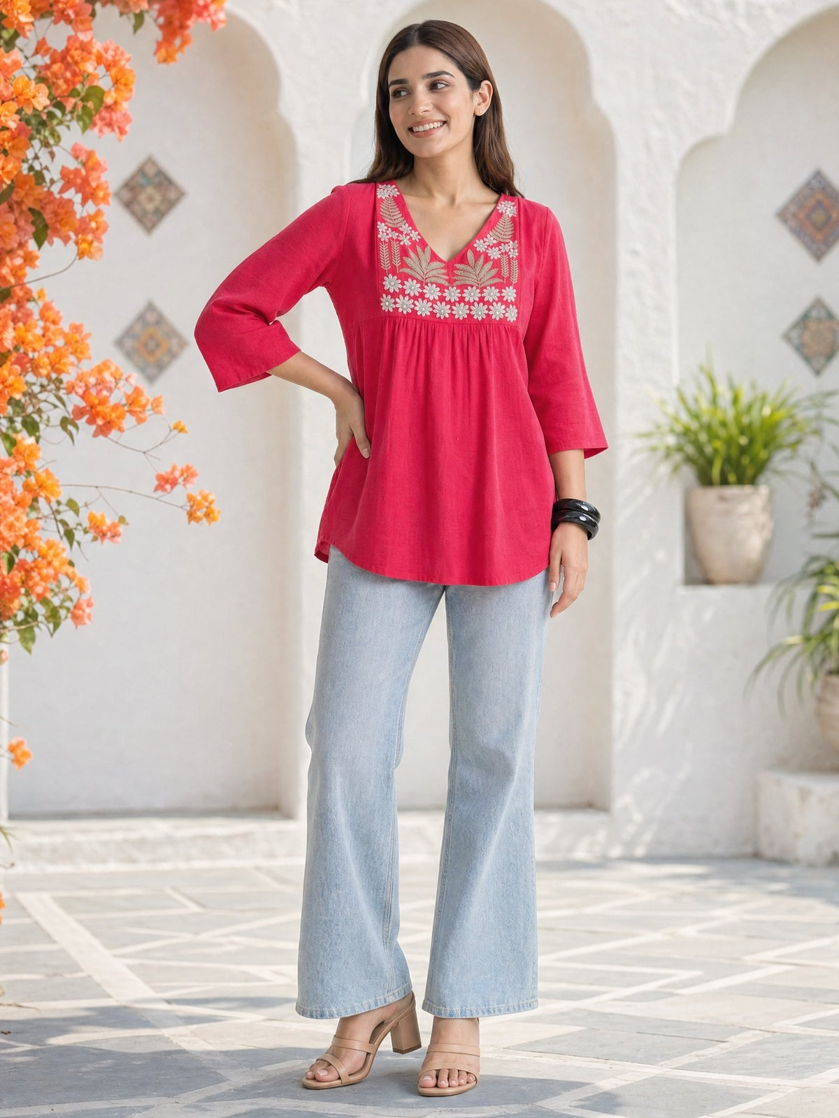 Cotton Embroidered Straight Short Length Short Kurta