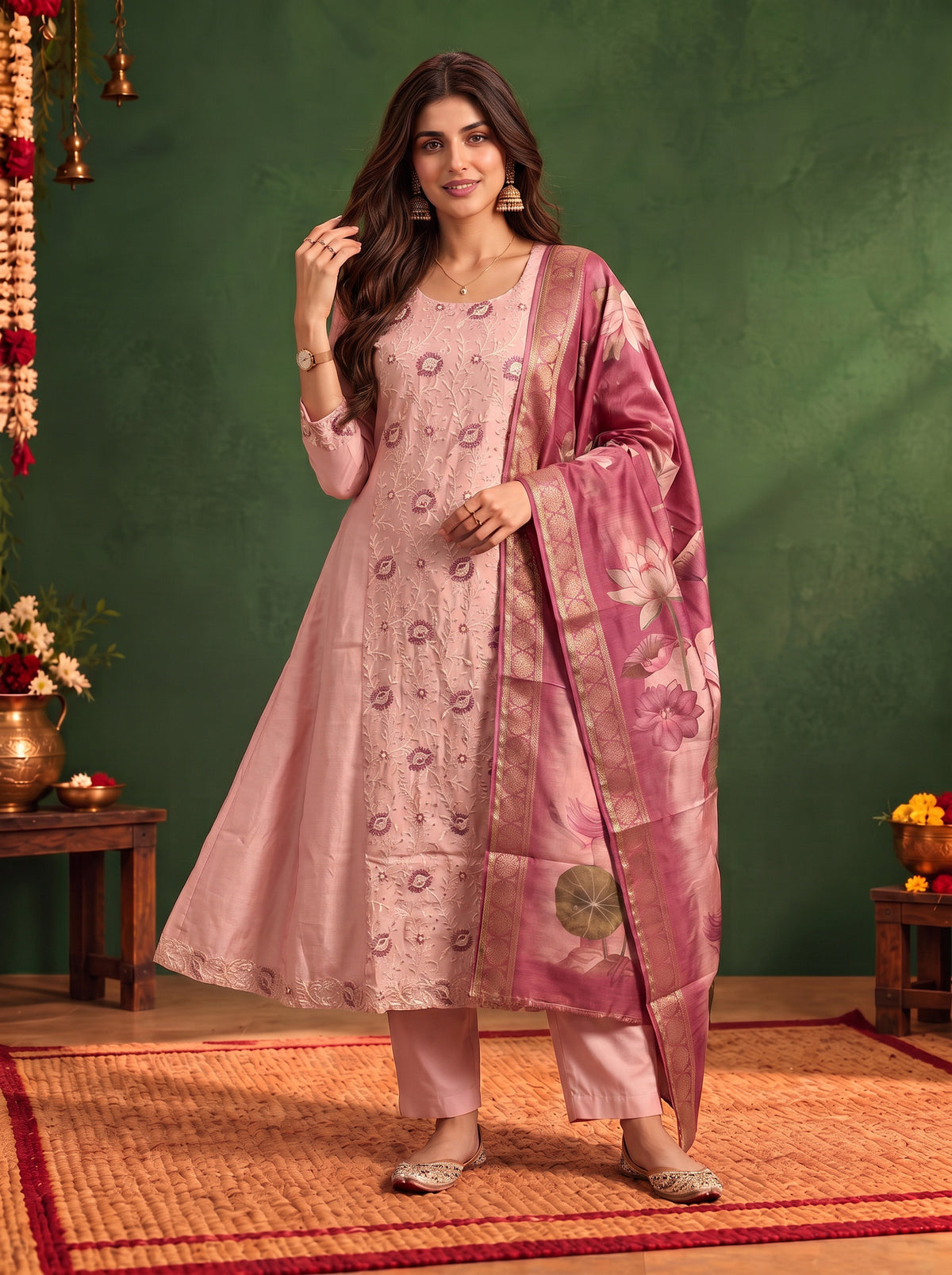 Viscose Embroidered Flared Calf Length Kurta With Pant and Dupatta