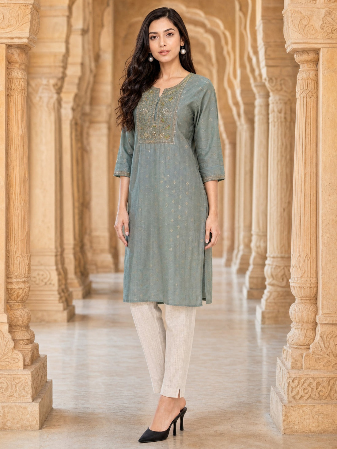 Buy Viscose Embroidered Straight Calf Length Kurta-Green
