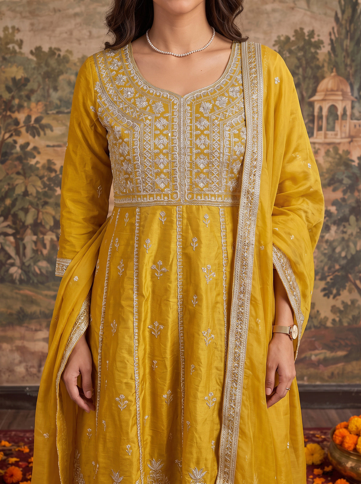 Viscose Embroidered Flared Calf Length Kurta With Pant and Dupatta
