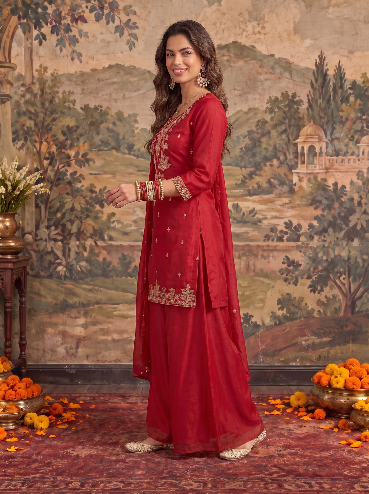 Viscose Embroidered Straight Thigh Length Kurta With Pant and Dupatta